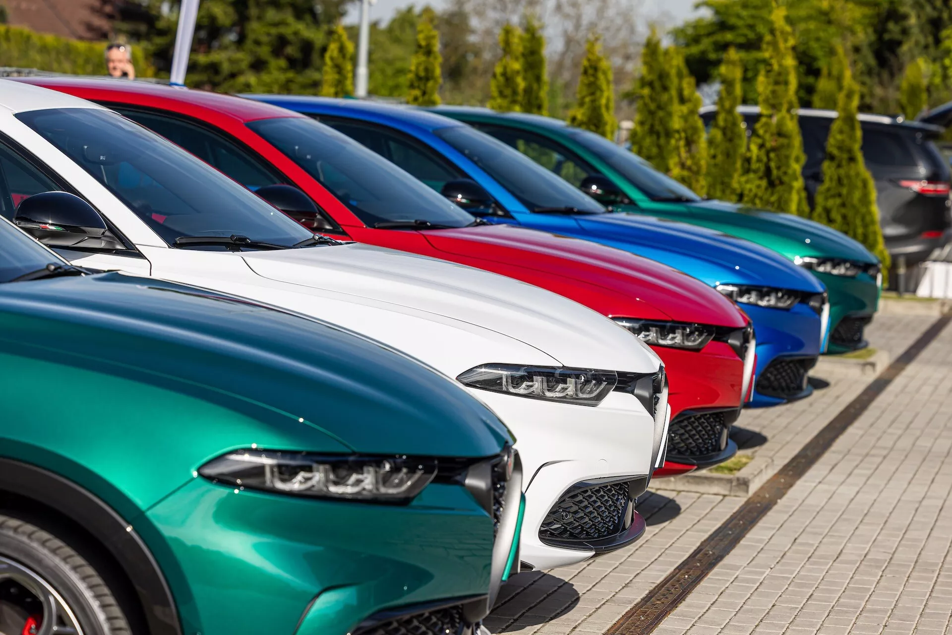 Vrsta modelov Alfa Romeo Tonale 2022 parkiranih diagonalno, ki prikazujejo pogled spredaj tri četrtine, poudarjajoč LED žaromete, različne oblike mask, sijoče lakirane površine in lita platišča na svetlem sončnem svetlu z ozadjem zelenja