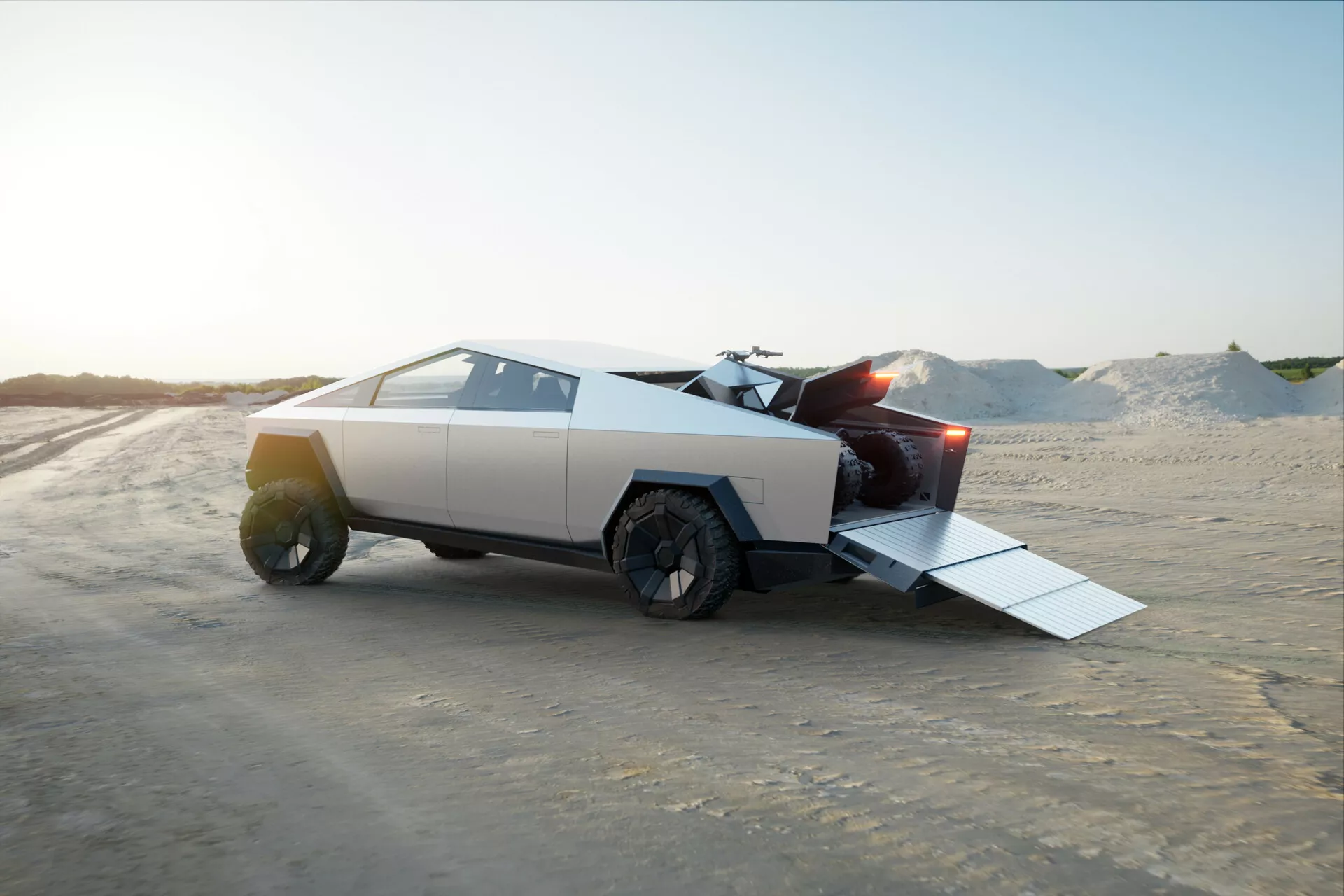 Bočni profil futurističnega Tesla Cybertruck 2021, z značilnimi geometrskimi linijami in ostrimi koti. Vozilo je v peščenem, puščavskem okolju z odprtimi zadnjimi vrati in podaljšano rampo. Matirana, svetlo siva ali srebrna površina, velika robustna kolesa in odsotnost krivulj poudarjajo njegovo avantgardno oblikovanje. Naravna svetloba poznega popoldneva meče dolge sence okoli tovornjaka. Odsotnost vidnih izpušnih cevi nakazuje, da gre za električno vozilo. Okolje poudarja njegove terenske in utilitarne zmogljivosti.