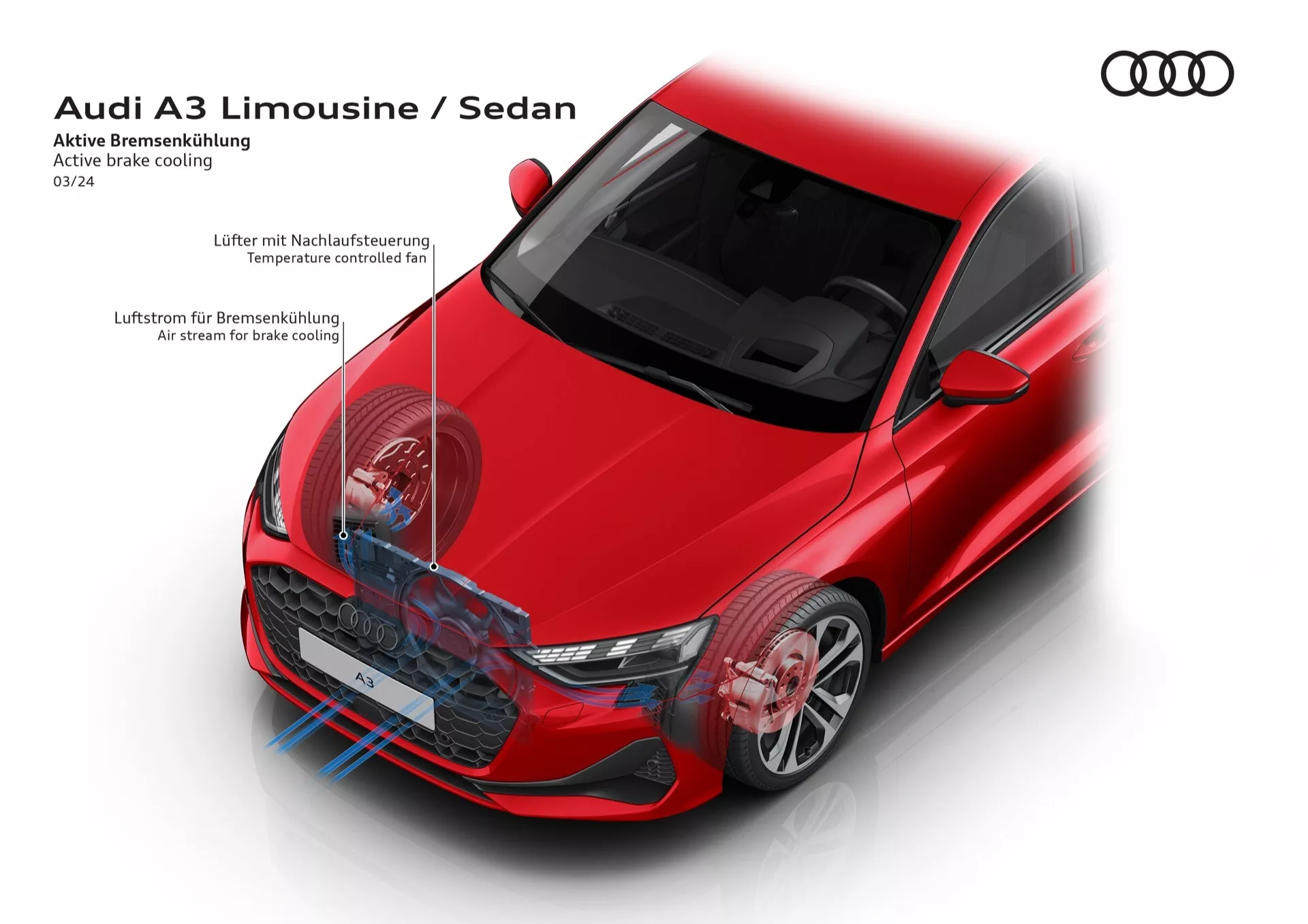 Rdeča limuzina Audi A3 2024 model 8Y-Facelift v visokem kotu, ki prikazuje sprednjo masko, obliko žarometov in konture karoserije z nadgradnjami aktivnega hlajenja zavor in tehnologijo pretoka zraka za hlajenje zavor