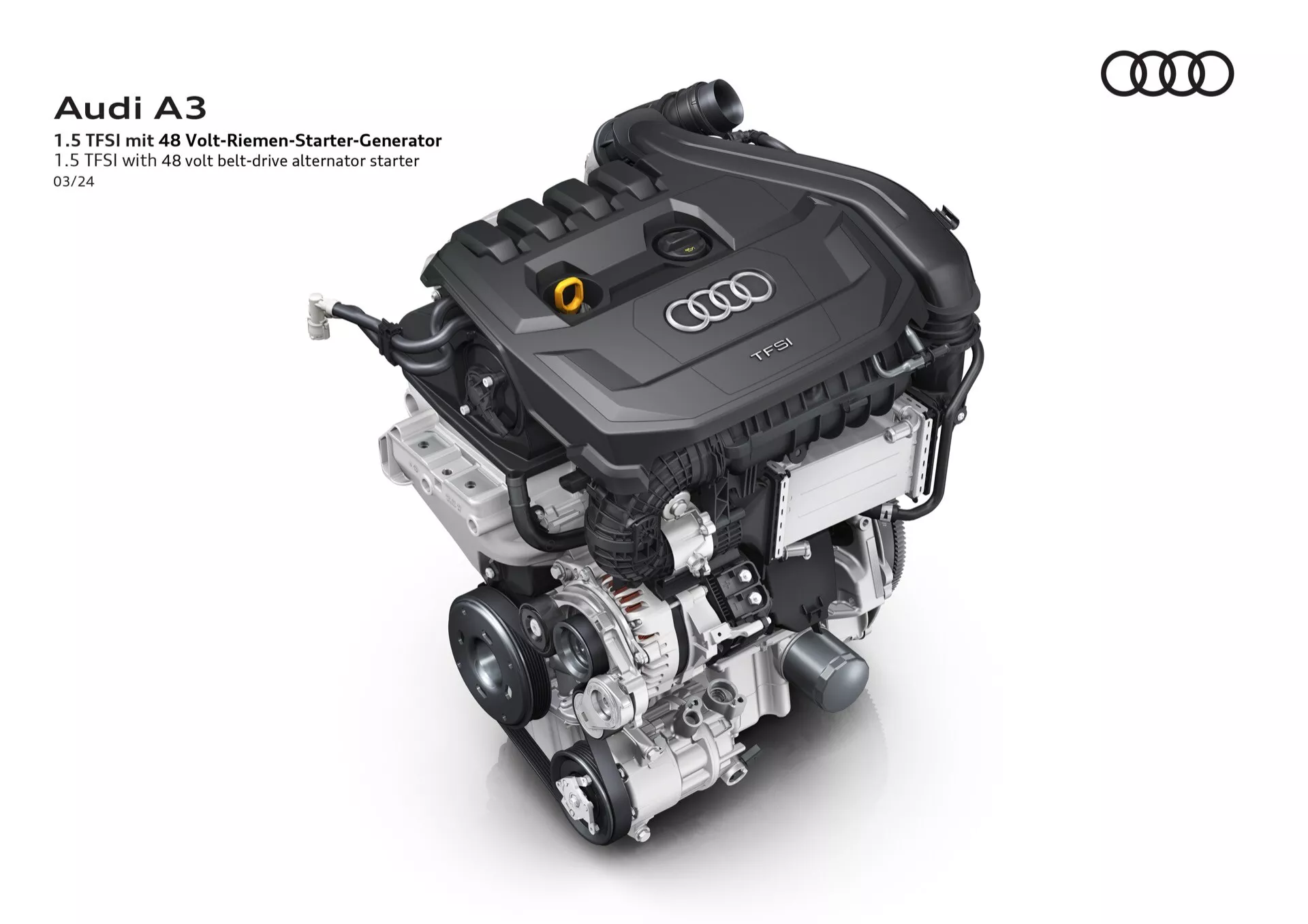 Fotografija visoke ločljivosti, ki prikazuje zapletene podrobnosti motorja Audi A3 2024 (8Y-facelift), poudarjajoč njegovo vrhunsko inženirstvo in dizajn
