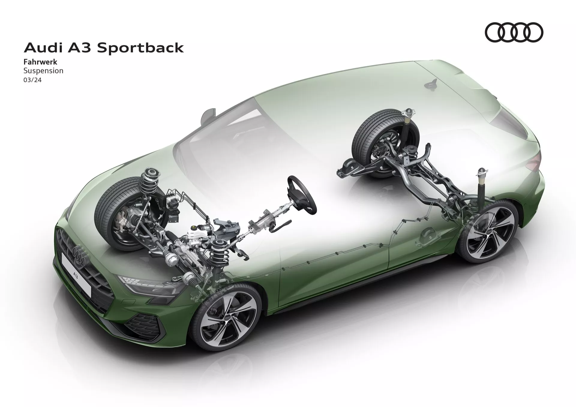 Pogled od zgoraj na Audi A3 Sportback 2024 (8Y-Facelift), ki prikazuje napredni sistem vzmetenja in notranje komponente, vključno z vijačnimi vzmetmi, blažilniki in nadzornimi rokami z detajlnim rentgenskim učinkom okoli šasije vozila, postavljen v prostornem okolju, ki nakazuje studijsko nastavitev.
