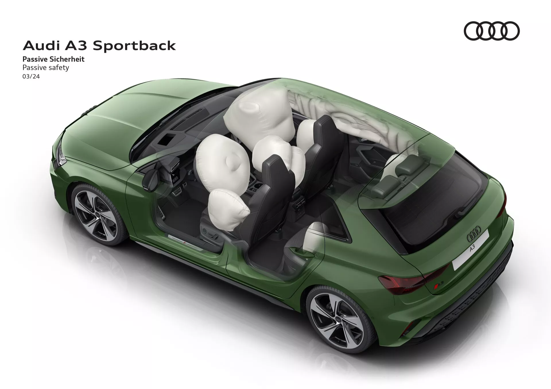 Pogled z visokega kota na zeleni Audi A3 Sportback, ki prikazuje pasivne varnostne lastnosti s prozorno streho, ki razkriva napihnjene zračne blazine v notranjosti, vključno z zračnimi blazinami na volanu, armaturni plošči, stranskih zavesah in med prednjimi sedeži med demonstracijo varnosti.