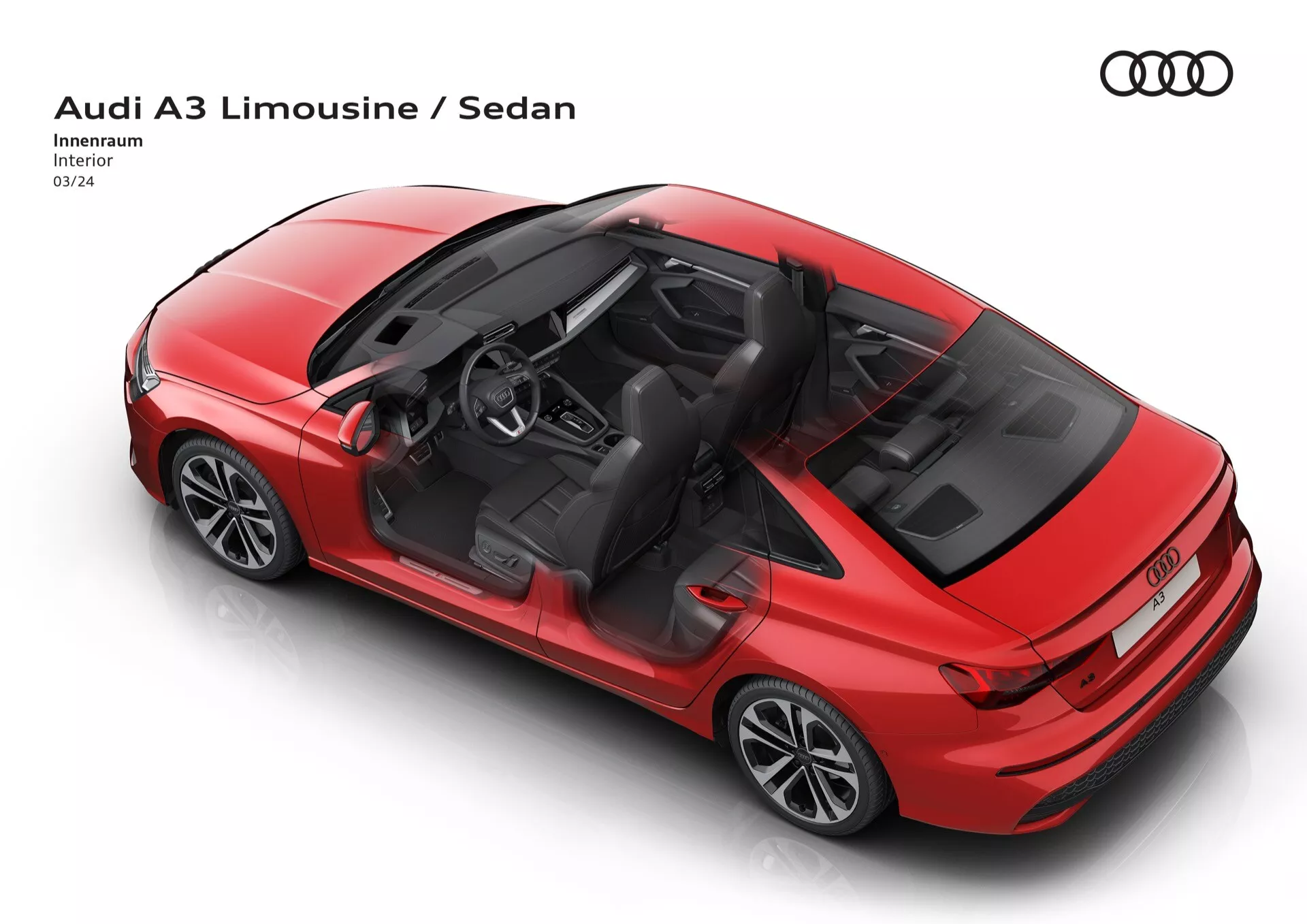 Rdeči sedan Audi A3 2024 s panoramsko streho in zlitimi platišči, prikazan iz zgornjega zadnjega tristranskega pogleda, ki poudarja zunanjo obliko in notranjo razporeditev, opremljen z LED zadnjimi lučmi