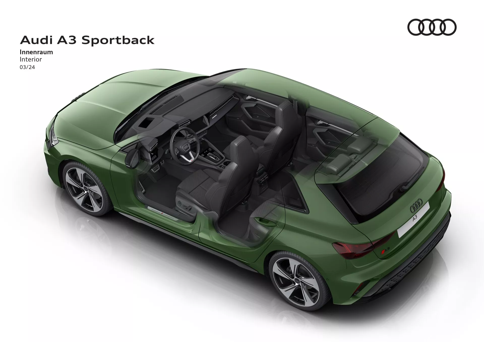 Računalniško generirana slika z vrha pod kotom Audija A3 Sportback 2024 (8Y-Facelift) s prozornim strešnim delom za vizualizacijo notranjosti, ki poudarja model hatchback, štirivratno značilnost, lita platišča in ključne tehnološke ter udobje zagotavljajoče funkcije brez vidnega sončnega strešnega okna.