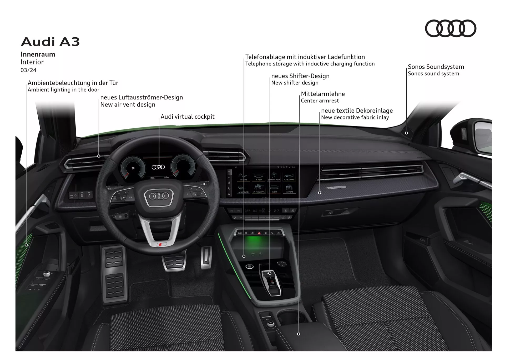 Podroben pogled na notranjost Audi A3 2024 (8Y-facelift), ki prikazuje večfunkcijski volan z logotipom Audi, digitalni zaslon 'Virtualni kokpit', centralno konzolo z vodoravnimi zračniki, polico za induktivno polnjenje, vertikalni zaslon sistema za informacije in zabavo, tipkovnico za premikanje, premijske oblikovalske elemente 'S line' in senzorični zvočni sistem, vse vidno iz centralnega in rahlo dvignjenega kota skozi vetrobransko steklo.