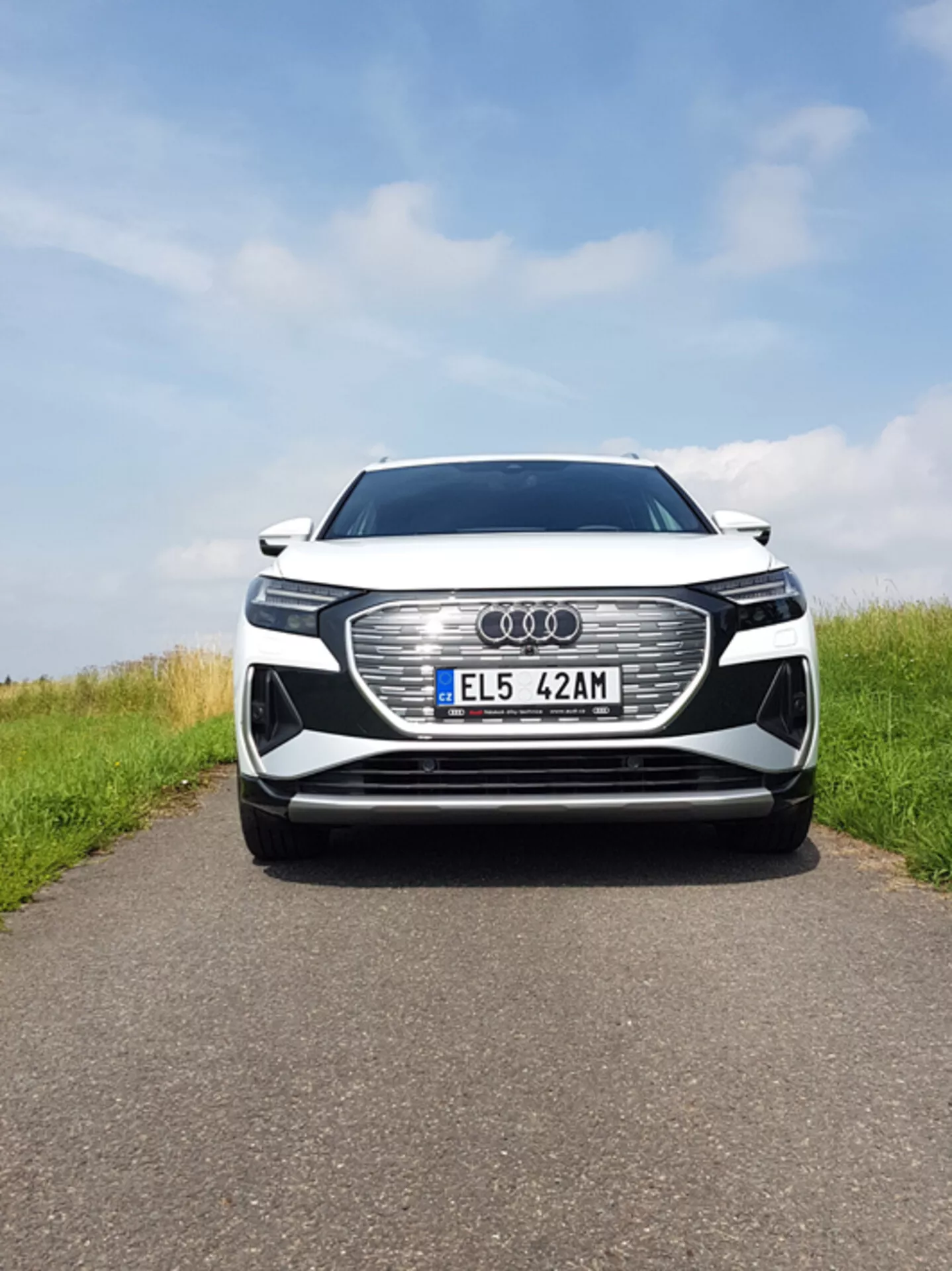 Osrednji sprednji pogled na Audi Q4 e-tron 2021, ki prikazuje veliko šesterokotno rešetko z emblemo Audi, LED žaromete, evropsko registrsko tablico, morebitne senzorje ADAS, zračne reže, kovinsko barvo in kromirane detajle pod delno oblačnim nebom na asfaltni cesti z zelenimi stranicami.