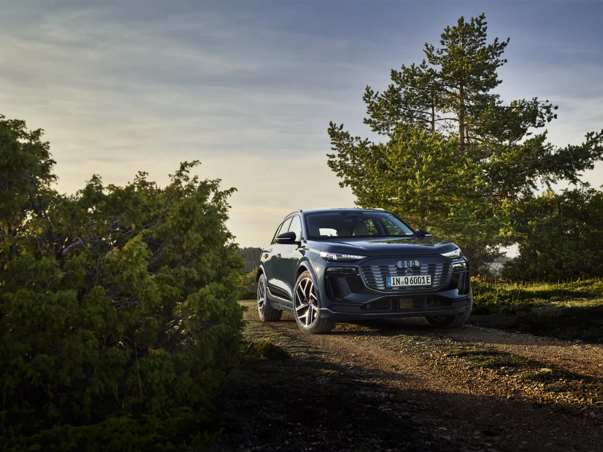 Trokotna sprednja stran Audija Q6 e-tron 2024, parkiranega na prostem na makadamski poti sredi narave, posneta v topli in zlati zgodnji jutranji ali pozno popoldanski svetlobi. Povišan kot prikazuje drzno sprednjo masko s centriranim emblemm, elegantne žaromete, ki nakazujejo napredno LED ali Matrix LED osvetlitev, in prepoznavna športna lita platišča. Fotografija prikazuje naravne elemente v ozadju, kar nakazuje na vsestranske zmožnosti avtomobila tako v urbanem okolju kot pri lahkih terenskih dejavnostih.