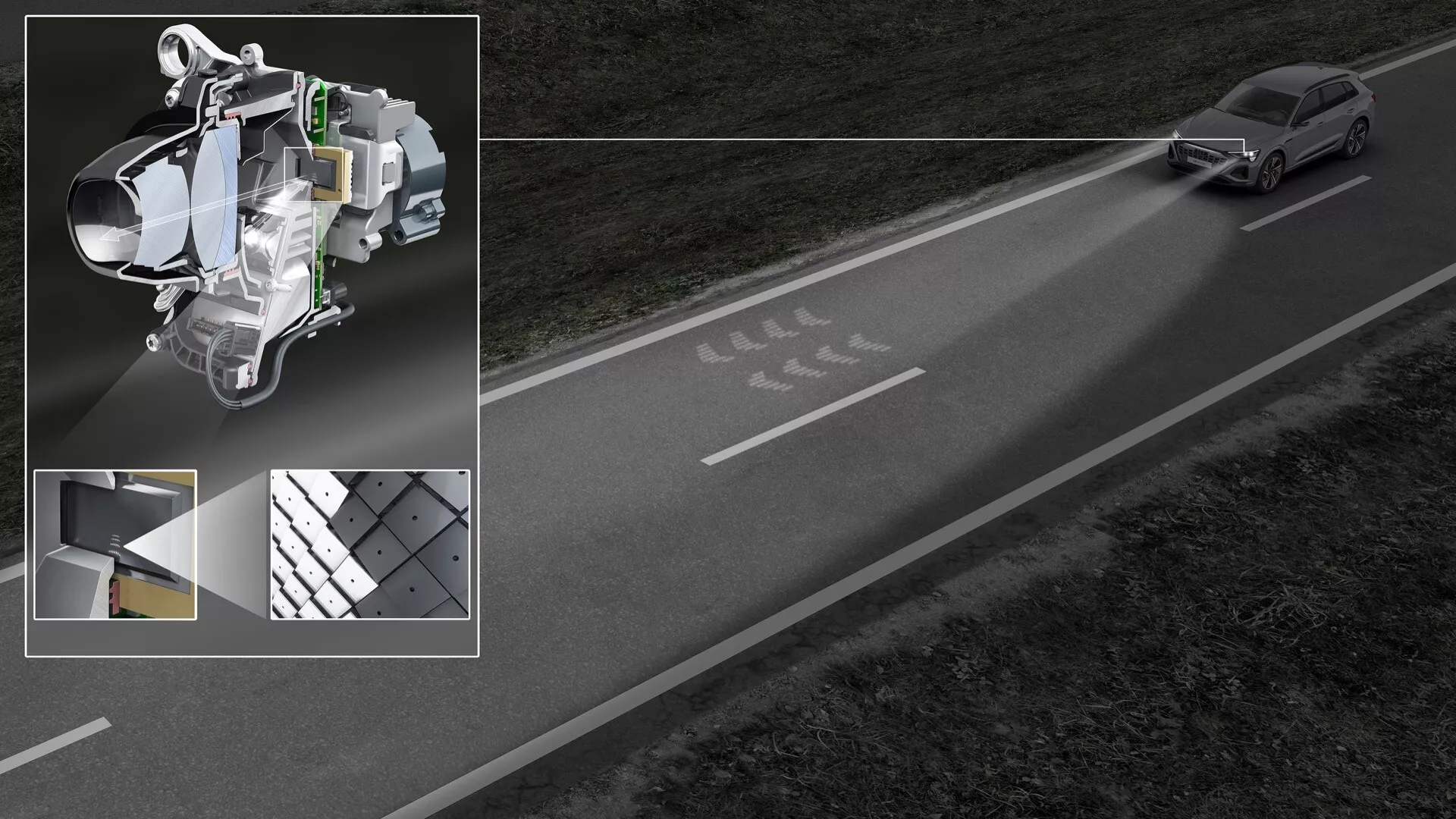 Kompozitna slika, ki poudarja napredne sisteme zaznavanja Audi Q8 e-tron 2023 za asistirano vožnjo, prikazuje dvignjen pogled na avto na cesti v mraku, razstavljen pogled modula vogala, ki prikazuje komponente krmiljenja in vzmetenja, in vložke, ki prikazujejo tehnologijo senzorjev na cesti in v vozilu za pomoč pri ohranjanju voznega pasu in interakcijo z inteligentnimi prometnimi sistemi.