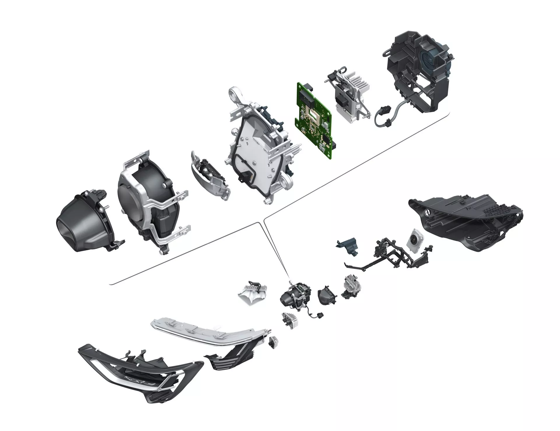 Razstavni pogled na Audi Q8 e-tron 2023 (GE), ki prikazuje različne avtomobilske komponente, vključno z ohišjem menjalnika, montažnimi nosilci, zobniškimi sklopi, morebitno pritrdilno točko za vzmetenje, aerodinamičnim delom podvozja, ohišjem pogonskega sklopa, zaščitnimi pokrovi delov in elektronsko krmilno enoto na ozadju v slogu tehničnega priročnika