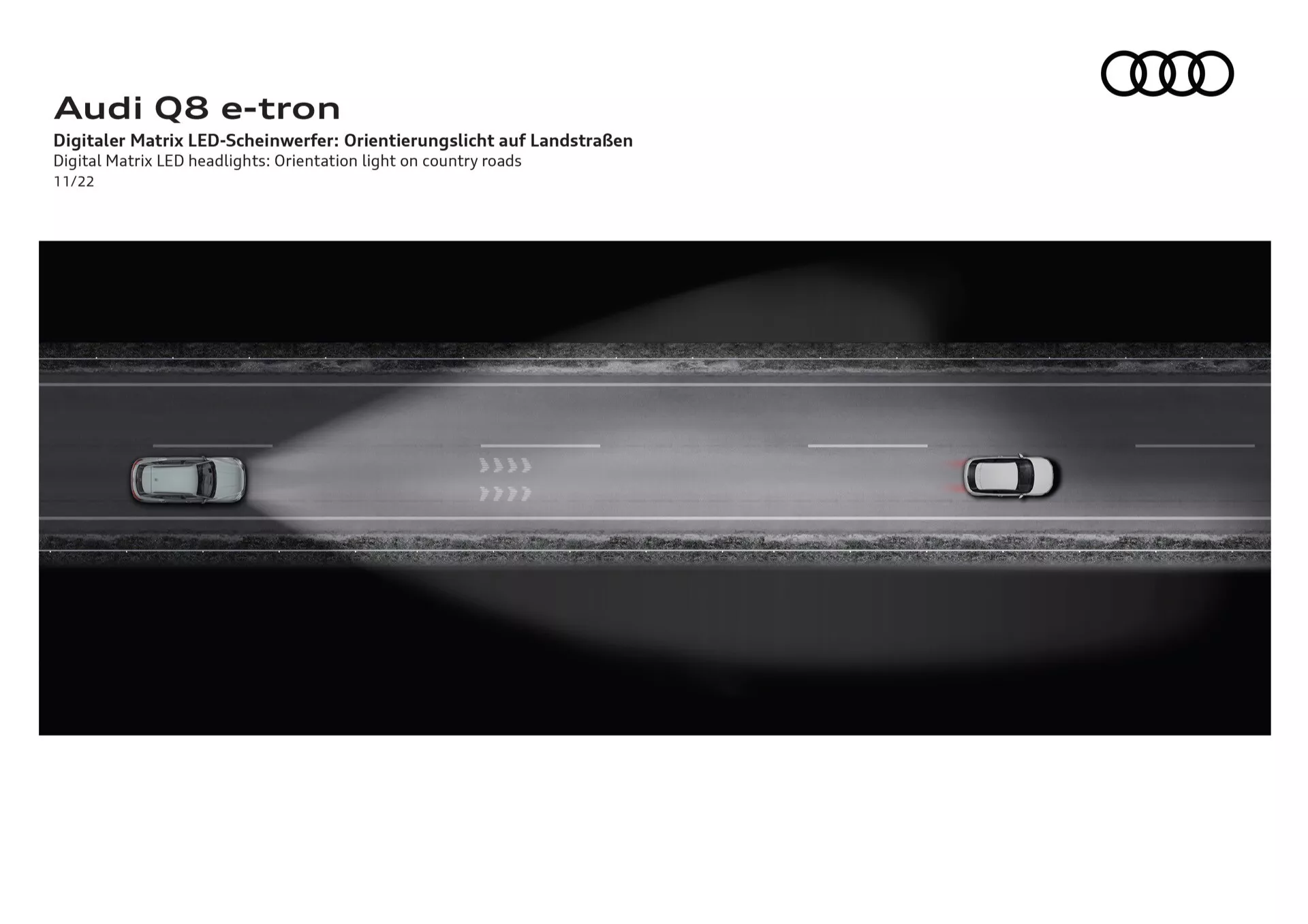 Digital Matrix LED žarometi Audija Q8 e-tron 2023, ki prikazujejo usmerjevalno svetlobo na podeželskih cestah, ilustrirajo napredno tehnologijo razsvetljave s točnimi vzorci svetlobe na temnem asfaltu