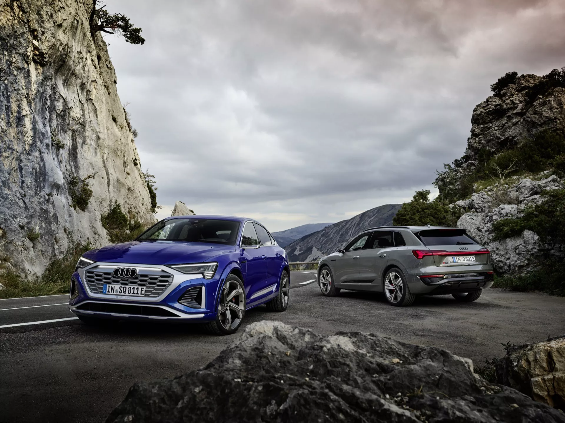 Audi Q8 e-tron in Audi Avant letnik 2023 na gorski cesti z dramatičnim vzdušjem, ki prikazujeta aerodinamično oblikovanje in napredne tehnološke značilnosti v oblačen dan