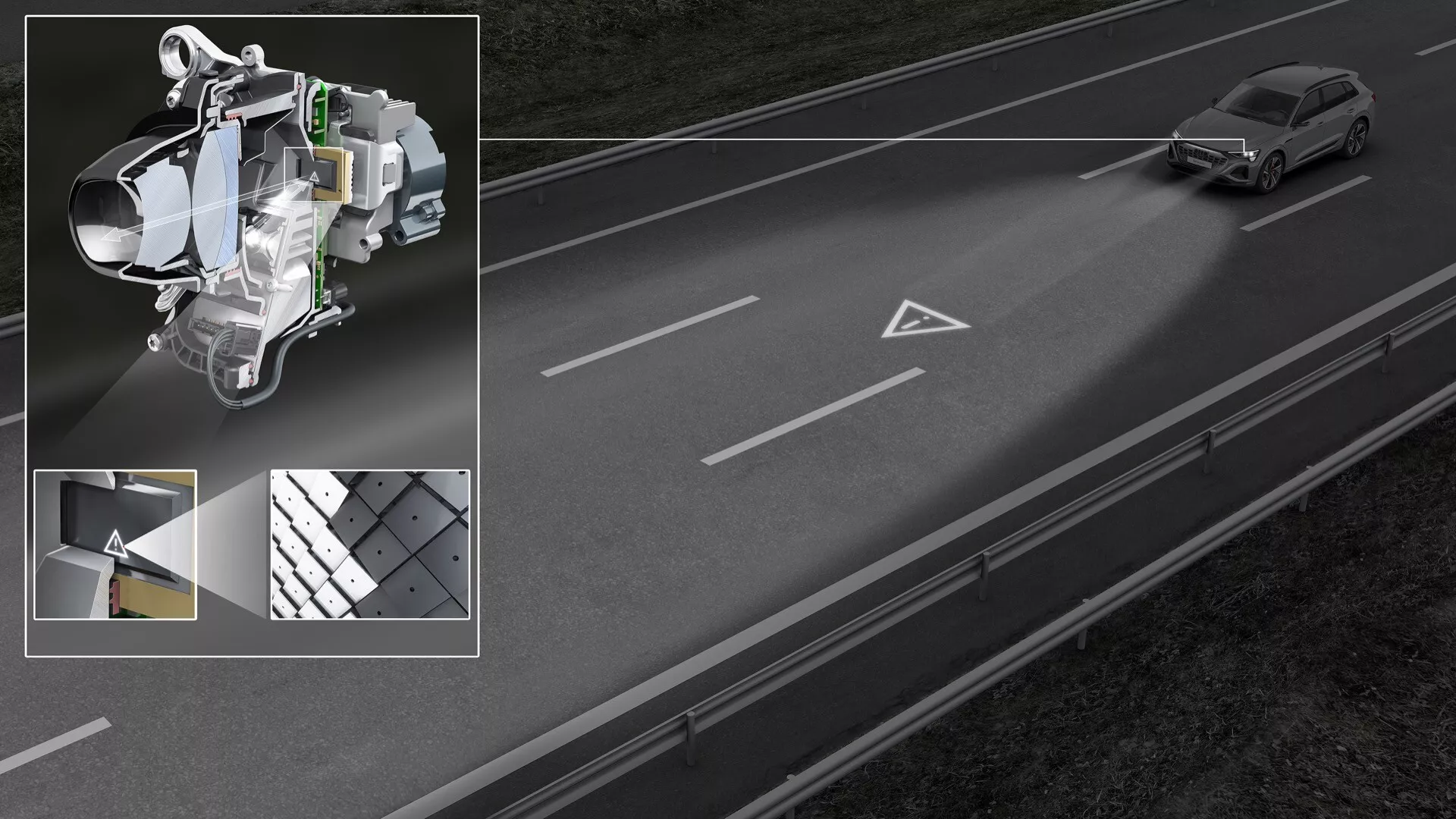 Audi Q8 e-tron GE iz leta 2023 s sistemom za napredno pomoč pri vožnji, s pogledom od zgoraj na sedan na desnem pasu in podrobnimi tehnološkimi vložki, vključujoč mehanizem senzorja, vzorec profila pnevmatike in ilustracijo sestave materiala