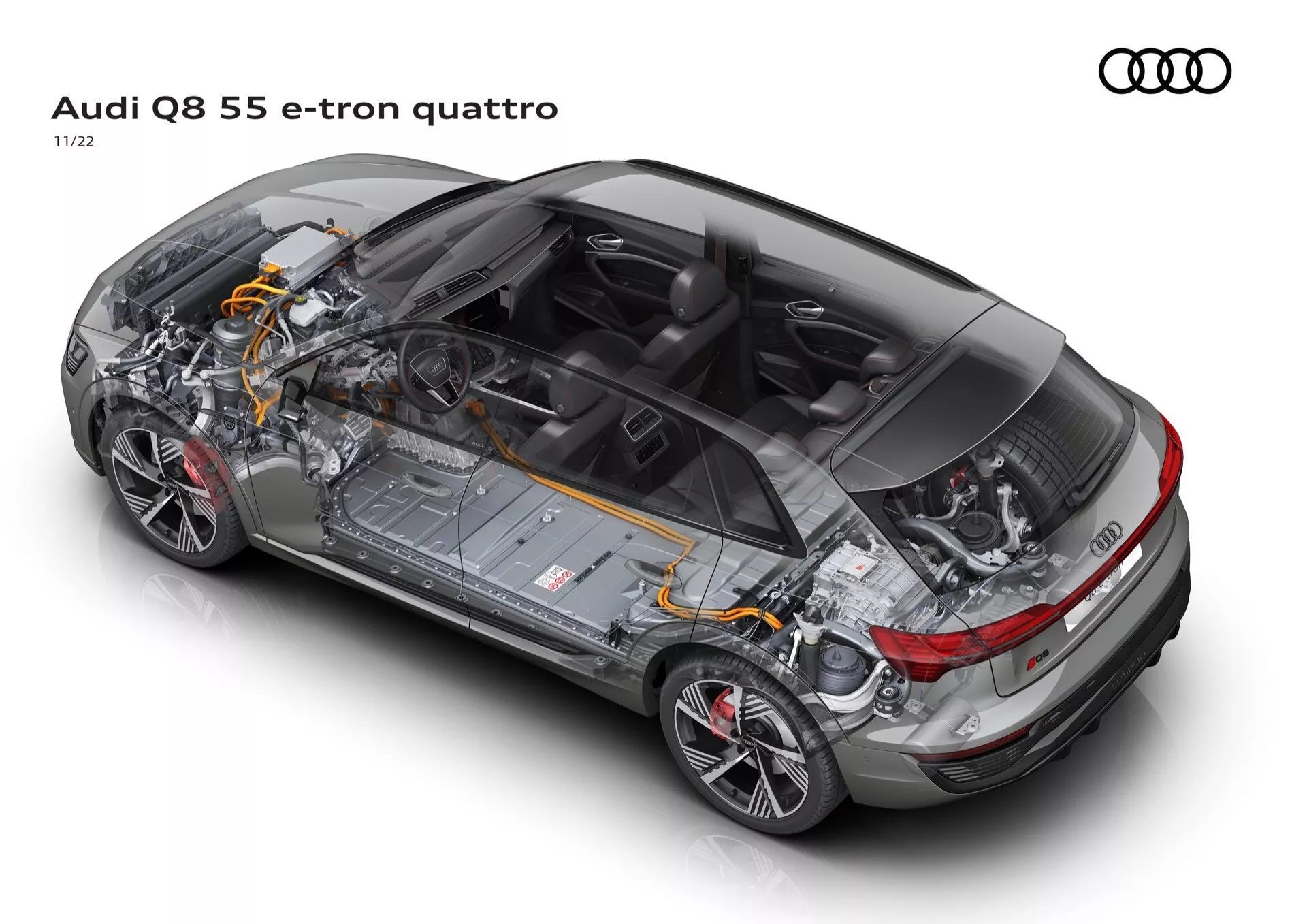 Električni SUV Audi Q8 e-tron 2023 v barvi Glacier White z napredno aerodinamiko in tehnologijo LED