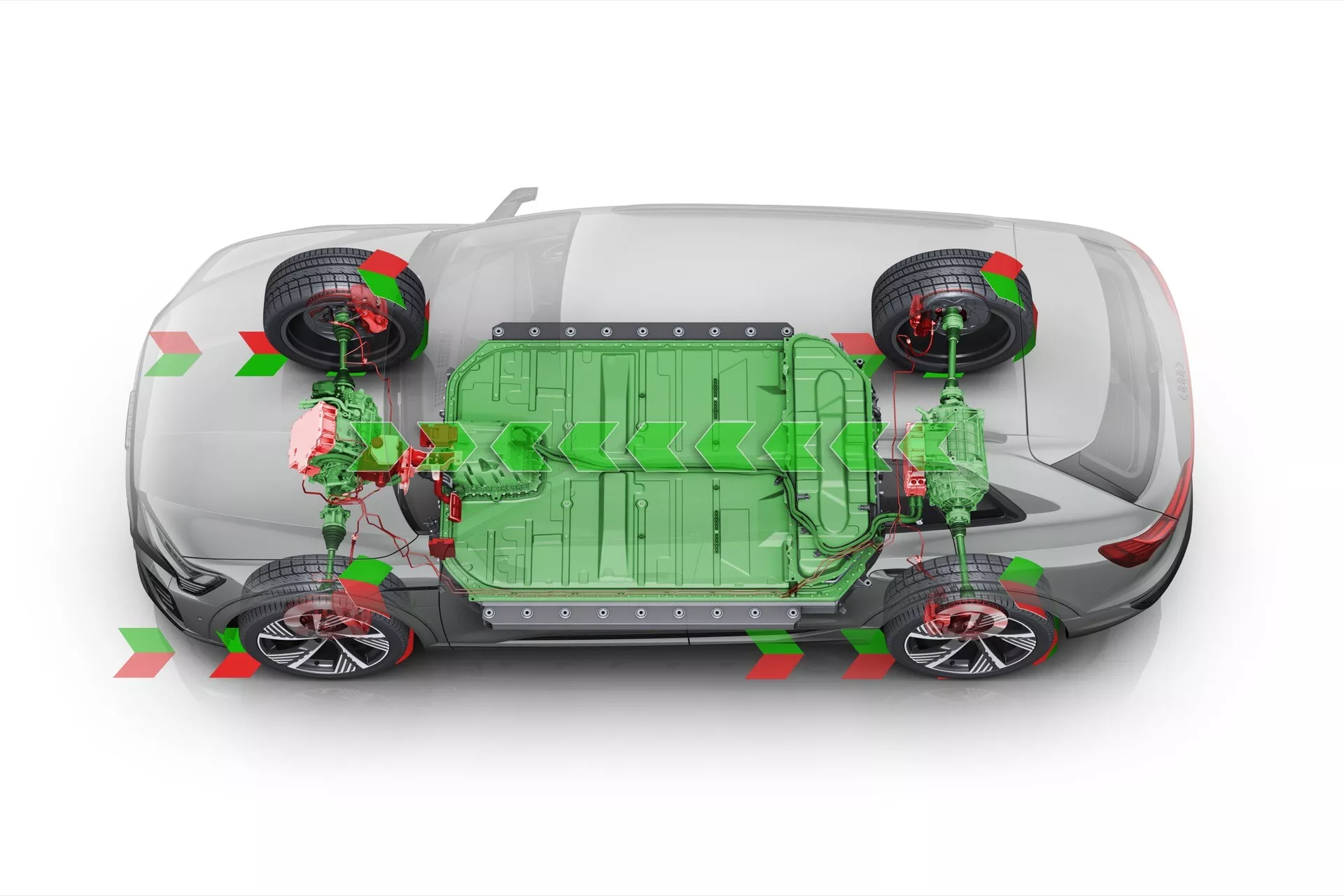 Podroben prozoren pogled od zgoraj na Audi Q8 e-tron 2023, ki razkriva notranje komponente, vključno z velikim zelenim baterijskim sklopom in električnimi motorji za pogon na vsa kolesa