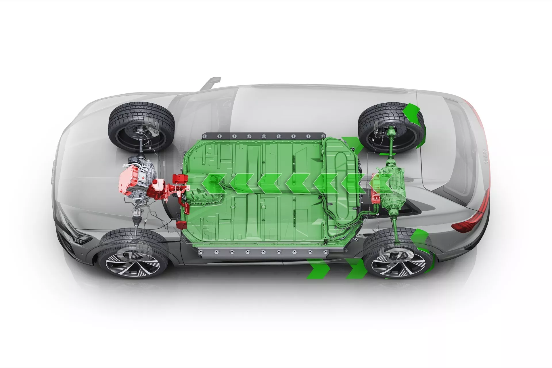 Grafični prikaz Audija Q8 e-tron 2023 s poudarkom na notranjih električnih komponentah in baterijskem sklopu s po barvah kodiranimi deli, posnet z vrha na belem ozadju