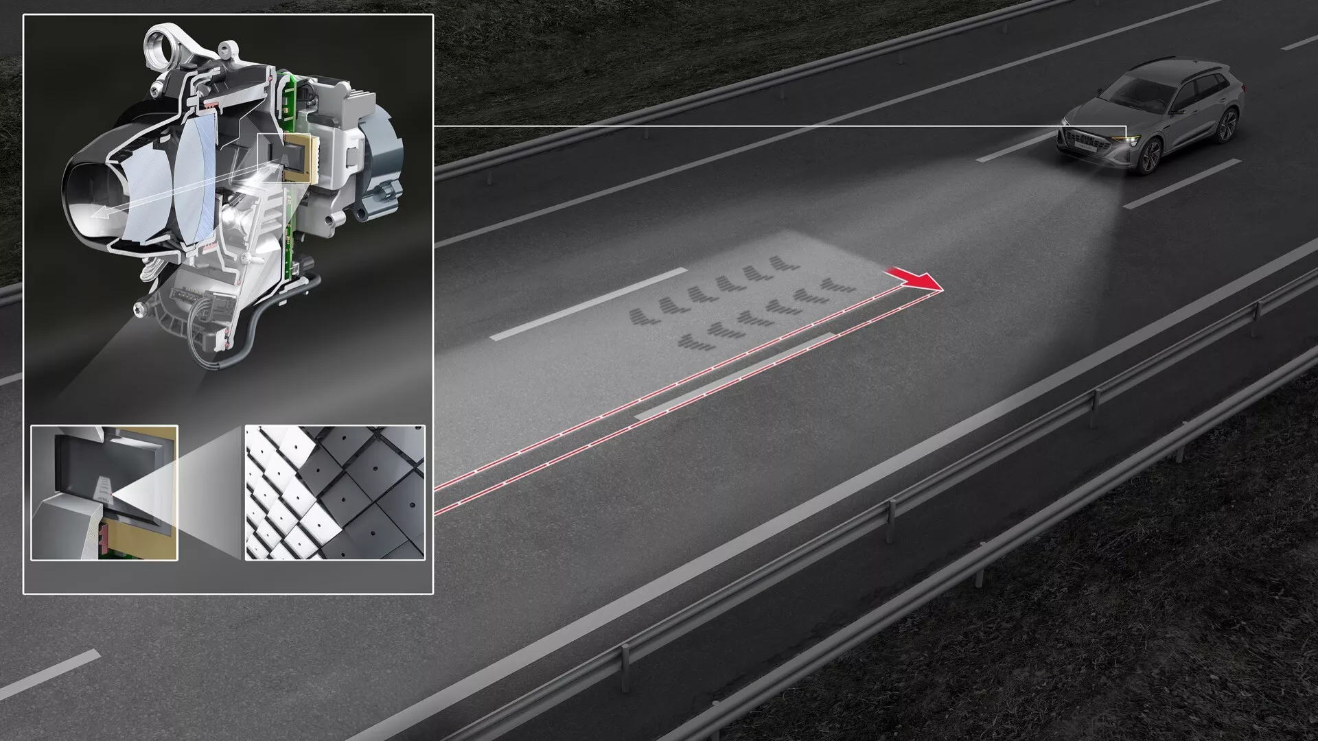 Audi Q8 e-tron 2023 predstavlja napredno tehnologijo žarometov na nočni cesti, z adaptivnimi svetlobnimi vzorci in podrobno bližnjim posnetkom LED ali laserskih žarometov in termičnim slikanjem