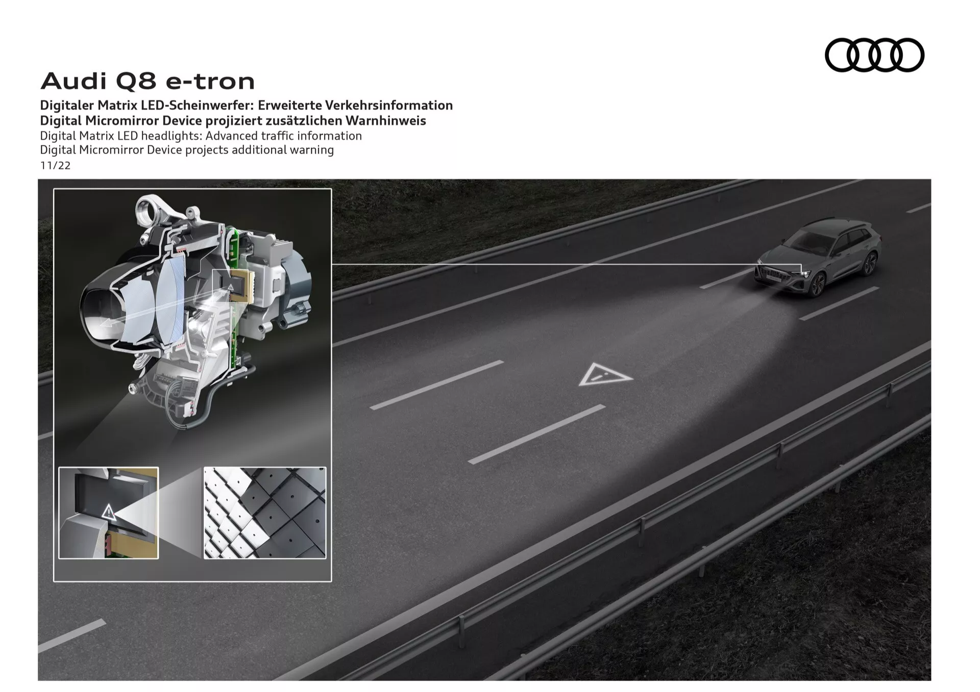 Audi Q8 e-tron 2023 prikazuje napredno tehnologijo LED žarometov z digitalnimi matricnimi komponentami in dinamičnim oblikovanjem snopa, ob prikazu vozila, ki uporablja vodenje po pasovih in projekcijo prometnih informacij na cesti z dvema pasovoma