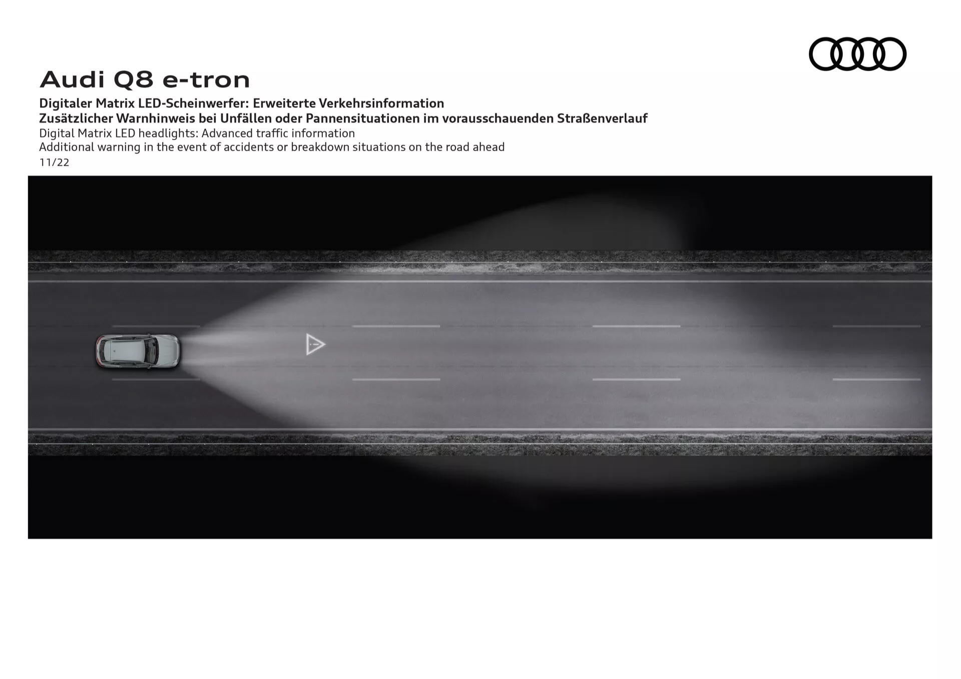 Pogled od zgoraj na Audi Q8 e-tron 2023, ki prikazuje tehnologijo žarometov Digital Matrix LED na temni cesti, na črno-beli predstavitveni sliki, ki poudarja napredne funkcije osvetlitve in varnosti.