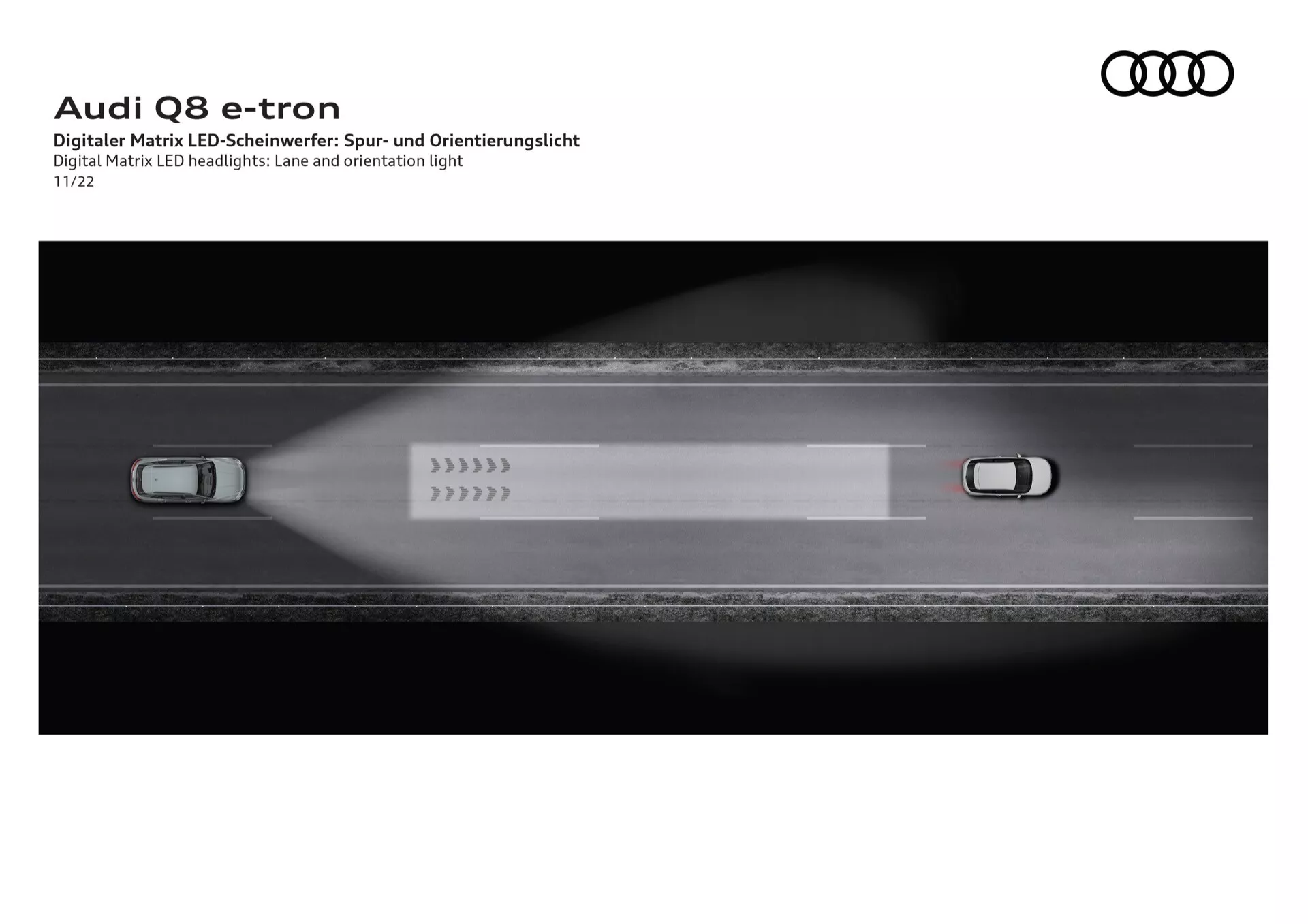 Audi Q8 e-tron 2023 prikazuje Digital Matrix LED žaromete s tehnologijo Luči za Vožnjo po Pasu in Orientacijo iz ptičje perspektive, poudarjajoče napredne zmogljivosti osvetljevanja v temnem okolju