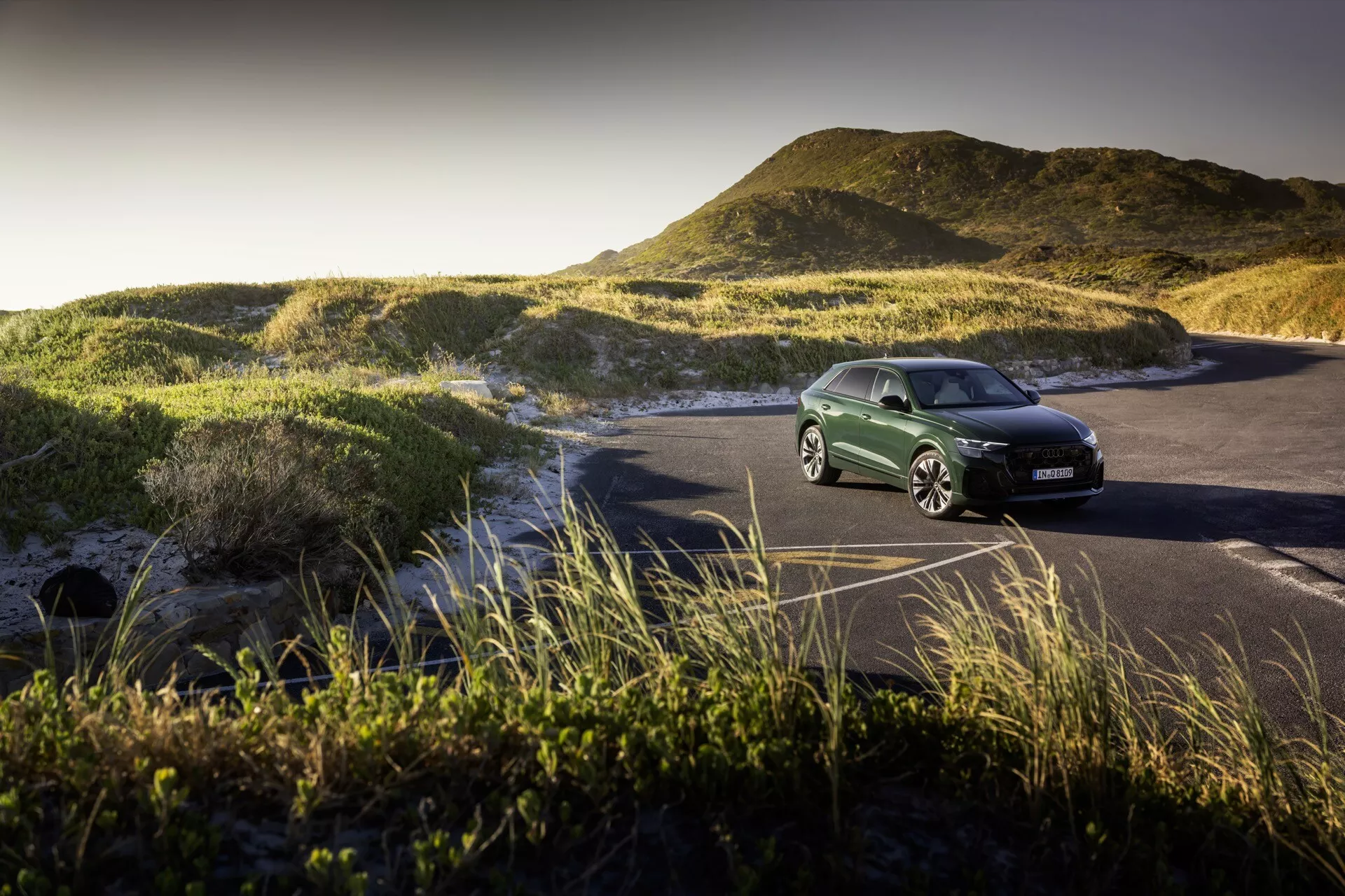 SUV Audi Q8 2023 (4M-facelift) parkiran na obalni cesti med peščenimi sipinami in plažnim travnikom, osvetljen z zlatim svetlobnim uro, prikazuje sprednjo rešetko, sklop žarometov in aerodinamično oblikovanje