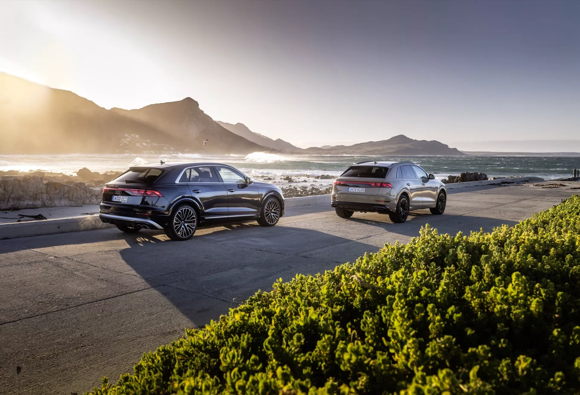 Modeli Audi Q8 4M-Facelift letnik 2023 parkirani drug ob drugem na obalni cesti ob sončnem zahodu, prikazujeta zadnji in stranski profil, napredno tehnologijo in slikovito ozadje oceana in gora