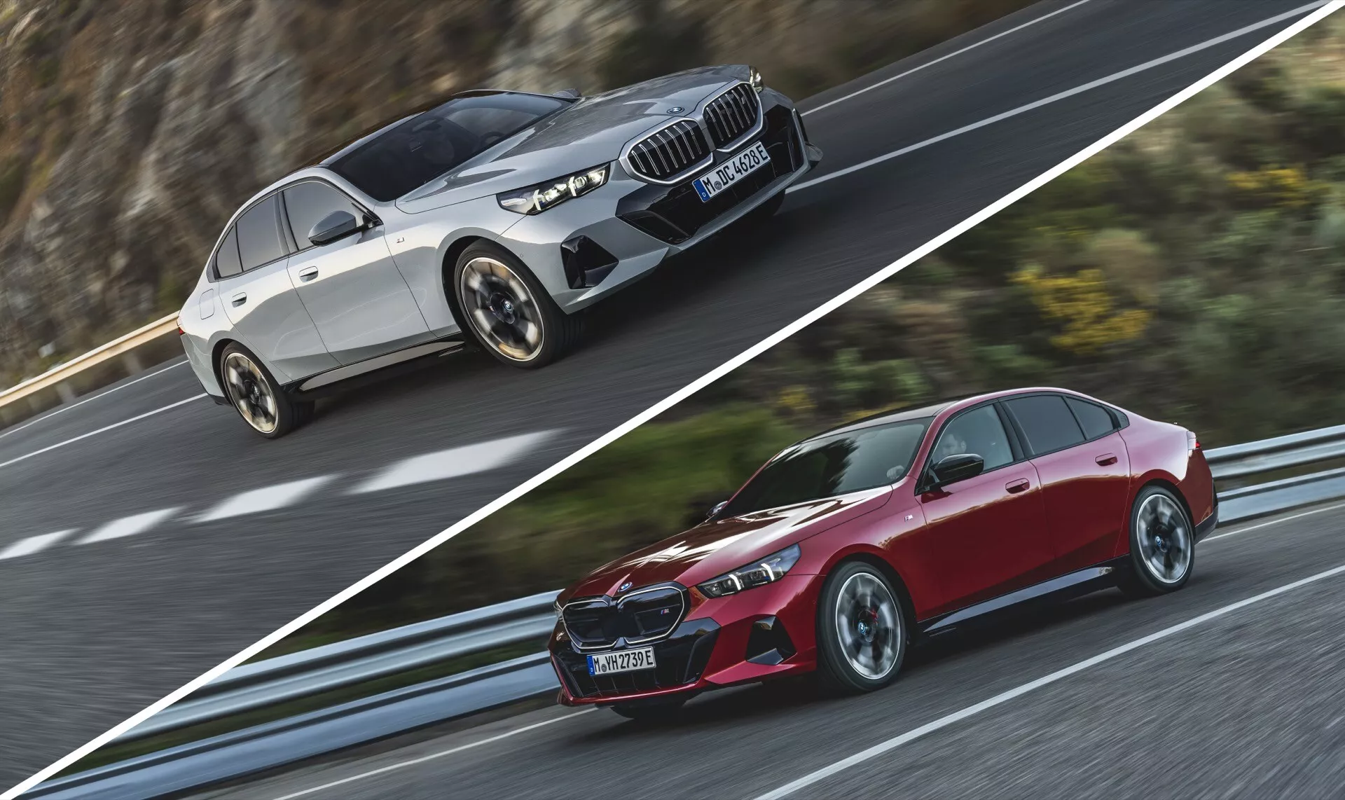 Dinamična predstavitev dveh vozil BMW serije 5 letnika 2023 (G60-G61) v gibanju, prvo ujeto s sprednje-levega kota v tričetrtinskem pogledu, ki poudarja masko in žaromete, drugo pa s zadnje-desnega kota, ki prikazuje zadnje luči in zadnji dizajn, poudarjajoč oblikovalske podrobnosti in zameglitev gibanja, ki nakazuje hitrost.