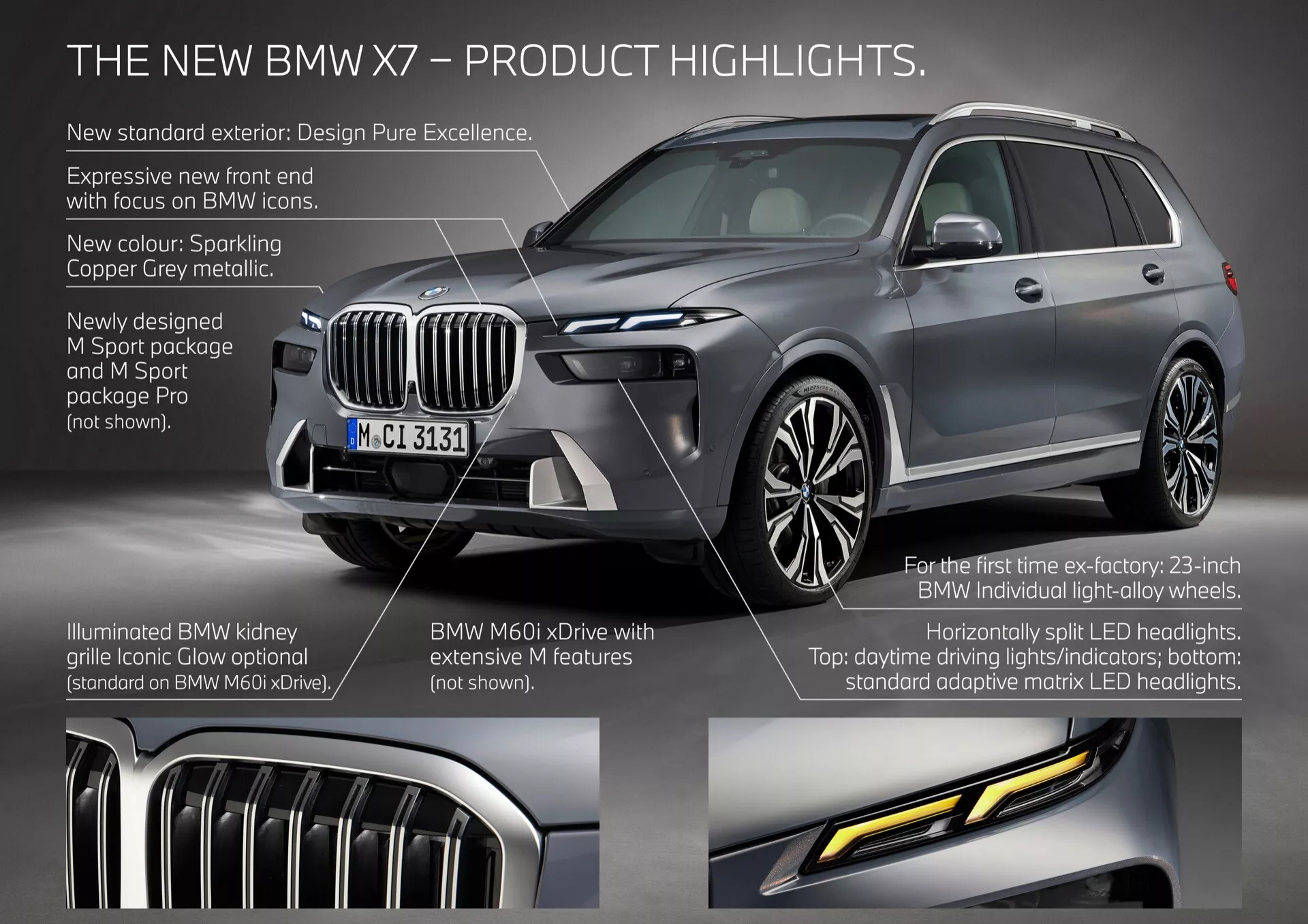 Podroben pregled BMW X7 2022 (preoblikovanje G07) s tročetrtinskim pogledom spredaj v kovinski barvi Sparkling Copper Grey, ki poudarja osvetljeno ledvičko, adaptivne matrične LED žaromete, 23-palčna lahka platišča BMW Individual in odličnost oblikovanja.