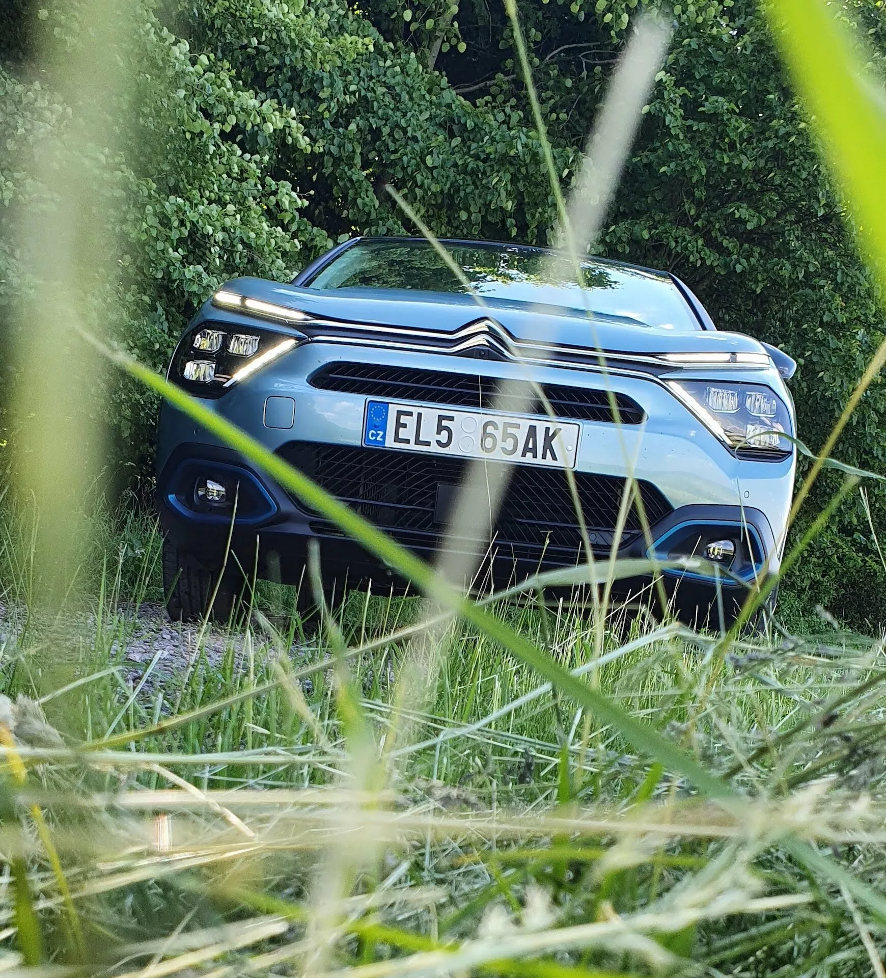 Moder Citroën C4 2020 (e-C4) z izrazito dvojnim logotipom ševrona na sprednji maski, ujet iz nizke prednje perspektive, uokvirjen ozadjem zelenega listja. Slikava poudarja sodobne žaromete vozila, elegantno sprednjo fasado in dvignjen osrednji del pokrova motorja. Plitva globinska ostrina fotografije usmerja pozornost na avtomobil, medtem ko rahlo zamegljuje neposredno okolico, s čimer izpostavlja oblikovalske in tehnološke značilnosti vozila.