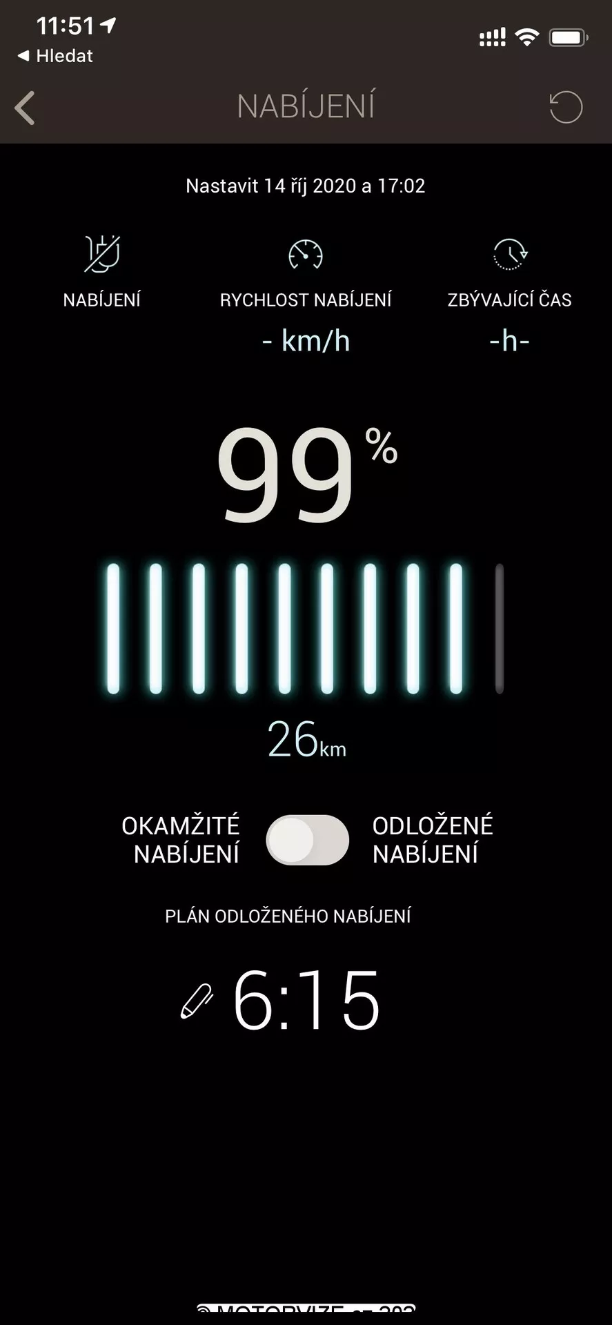 Posnetek zaslona, ki prikazuje stanje polnjenja električnega vozila v mobilni aplikaciji ali vmesniku infotainment sistema. Na vrhu se prikaže ikona baterije in beseda 'NABIJENI,' ki označuje polnjenje v češčini. Spodaj je prikazana nastavitev za 14. oktober 2020 ob 17:02 uri. Stanje baterije je skoraj popolnoma napolnjeno na 99%, z indikatorjem dosega 26 km. Dva gumba z napisoma 'Takojšnje polnjenje' in 'Odloženo polnjenje' omogočata nadzor nad časi polnjenja. Na dnu je ura, ki prikazuje 6:15 za odloženo polnjenje. Vmesnik ima čisti dizajn s črnim ozadjem in belim ter zelenim besedilom za boljšo berljivost.