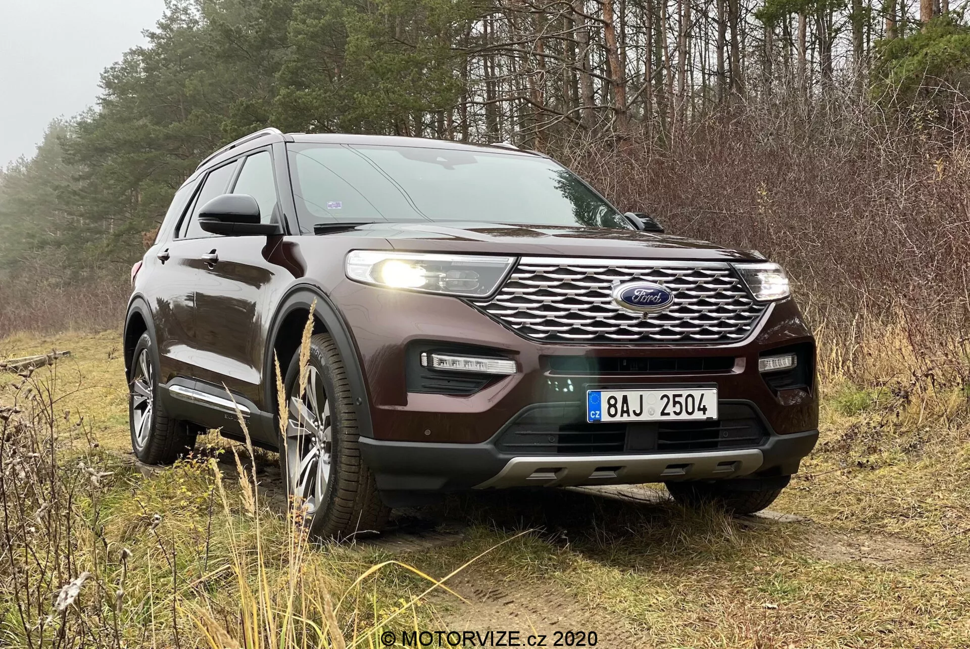 SUV Ford Explorer iz leta 2019 je parkiran na površini, ki je travnata ali poraščena z grmovjem, verjetno v podeželskem ali gozdnem okolju, sredi dreves v ozadju. Fotografija iz sprednjega trikotnega kota prikazuje prednji in bočni profil SUV, vključno s podrobnostmi, kot so rešetka, žarometi, meglenke, kolesa in sprednji odbijač. Vidne so funkcije, kot so sprednji radar ali senzorski sistem za prilagodljiv tempomat, zapleteni LED žarometi in platišča iz zlitine. Vozilo ima tudi sprednjo zaščitno ploščo, sistem za montažo strešnega prtljažnika in morda panoramsko streho. Fotografija je posneta v naravni, oblačni svetlobi, ki poudarja oblikovanje avtomobila in primernost za terenske razmere.
