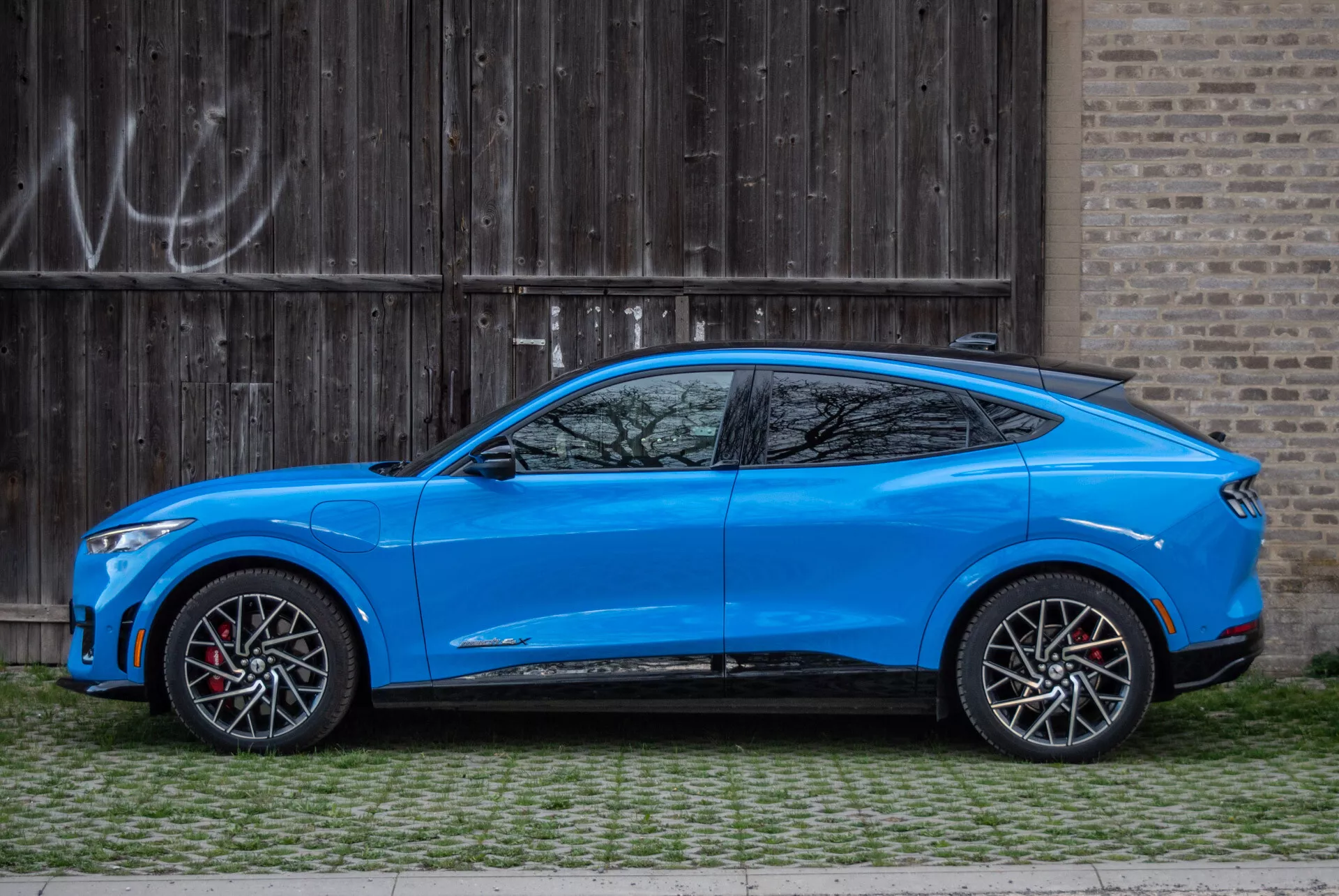 Modri crossover SUV Ford Mustang Mach-E 2020 parkiran vzporedno z rustikalnimi lesenimi garažnimi vrati z grafiti, stranski pogled predstavlja aerodinamično oblikovanje, kupe-podobno spuščajočo se streho, model s štirimi vrati z integriranimi ročaji, aerodinamično oblikovana stranska ogledala z vgrajenimi smerokazi, velika dvobarvna lita kolesa z rdečimi zavornimi čeljustmi, zmerna oddaljenost od tal, oblikovano telo z izklesanimi linijami in izrazitimi kolesnimi lokami, zožena linija oken z majhnim četrtinskim oknom za steber C in športne stranske pragove