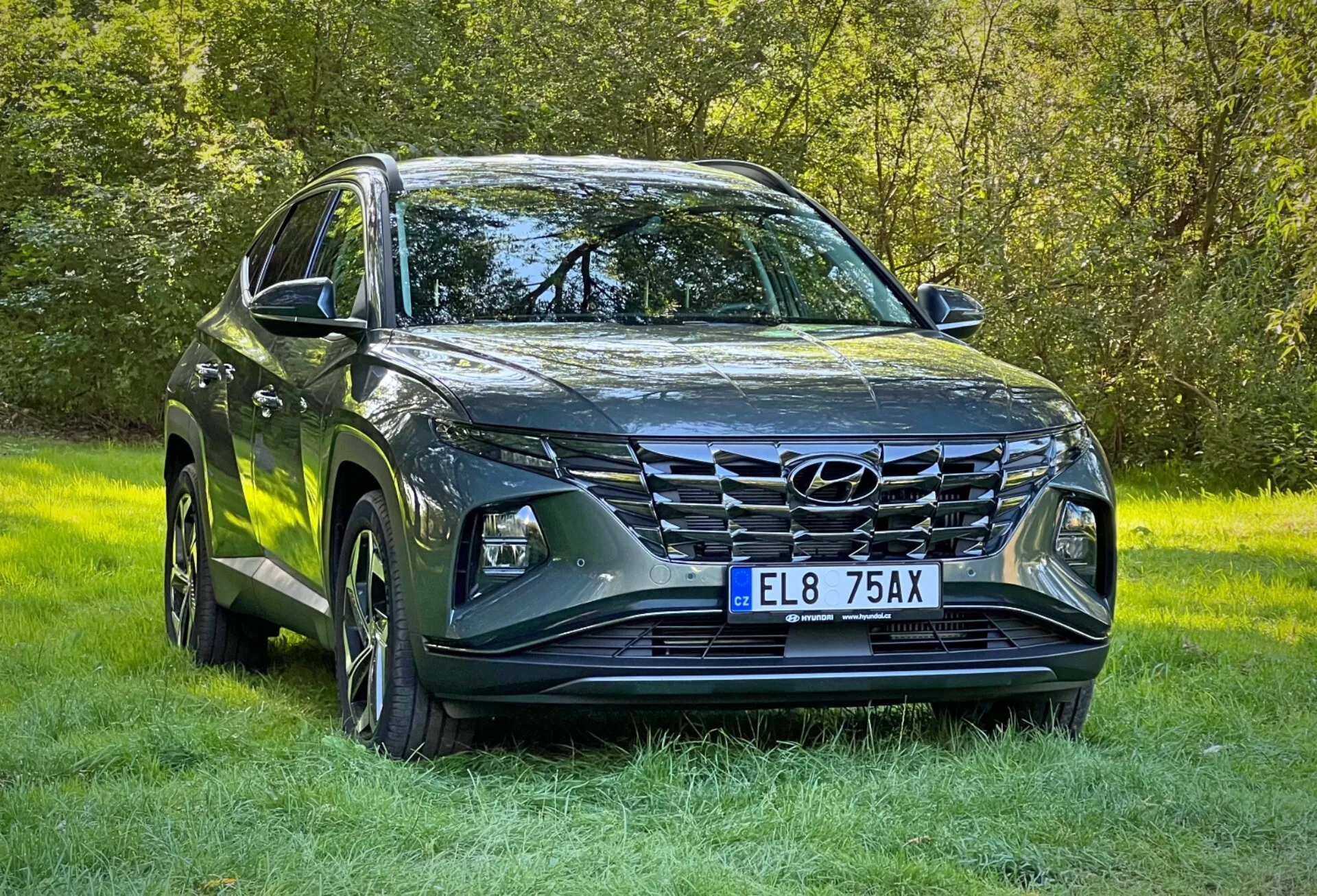 SUV Hyundai Tucson letnik 2020 s kovinskim zaključkom, prikazuje LED žaromete, izstopajočo sprednjo rešetko, oblikovan pokrov motorja, lita kolesa in stranska ogledala z integriranimi utripalniki, parkiran na travi, kar poudarja njegovo sposobnost vožnje izven cest