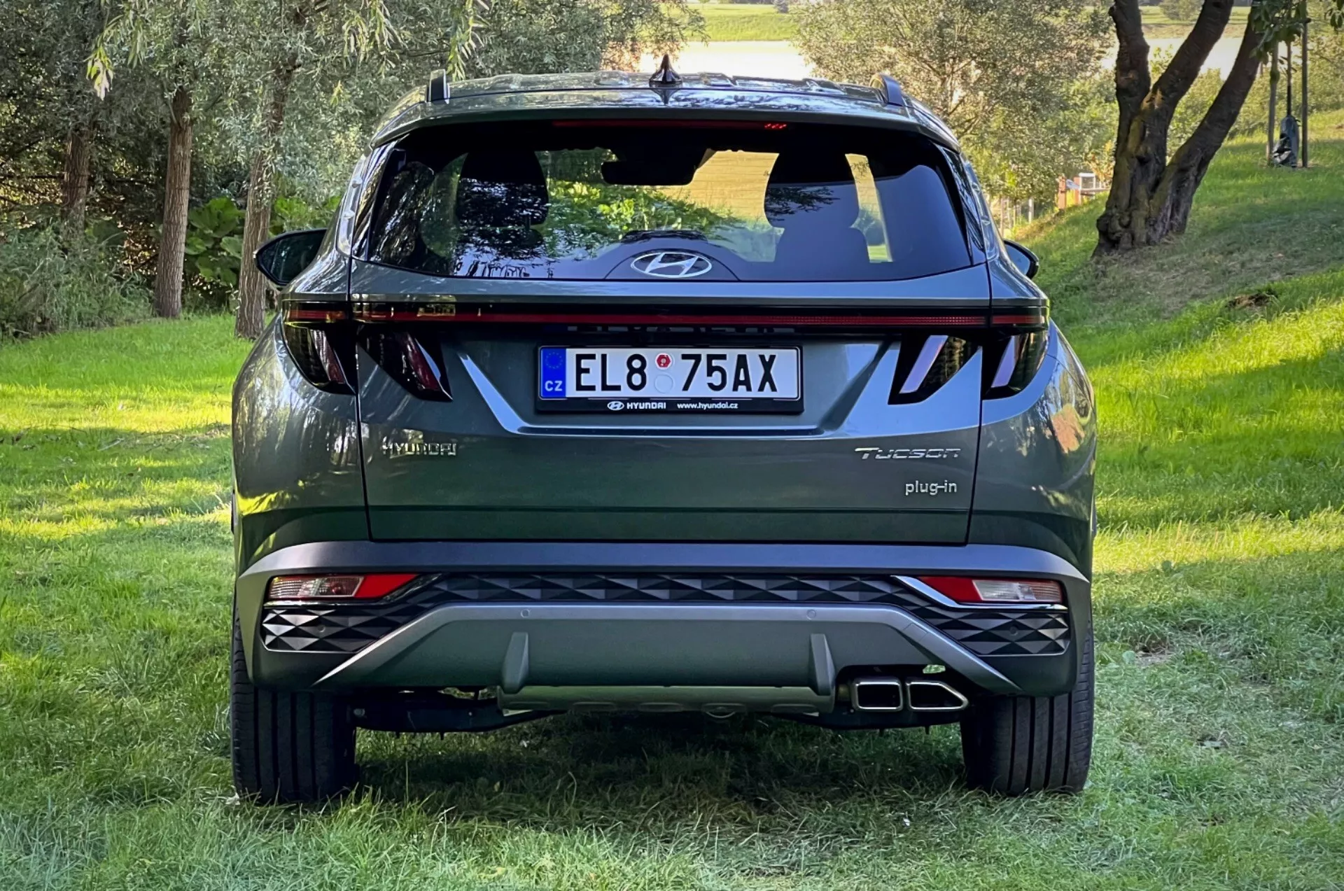Zadnji pogled na SUV Hyundai Tucson 2020 na travnati pobočji z gozdnim ozadjem, prikazuje logotip na prtljažniku, značke Tucson in Hybrid, napis Plug-in, odsevne luči, dinamične zadnje luči, zadnji brisalec, visoko nameščena zavorna luč, dvojni izpušni nasveti, srebrne zaščitne plošče in značka AWD.