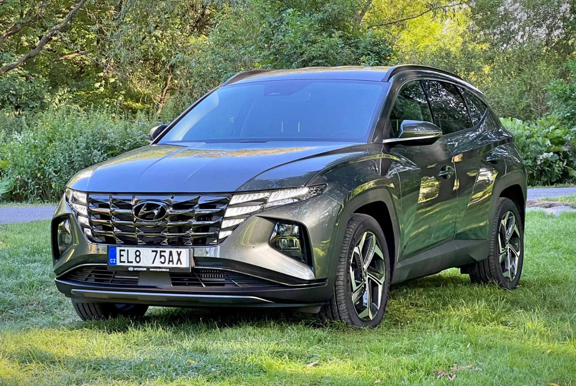 SUV Hyundai Tucson 2020 parkiran na travniku z drevesi v ozadju, ki prikazuje sprednjo rešetko, LED žaromete in lita platišča