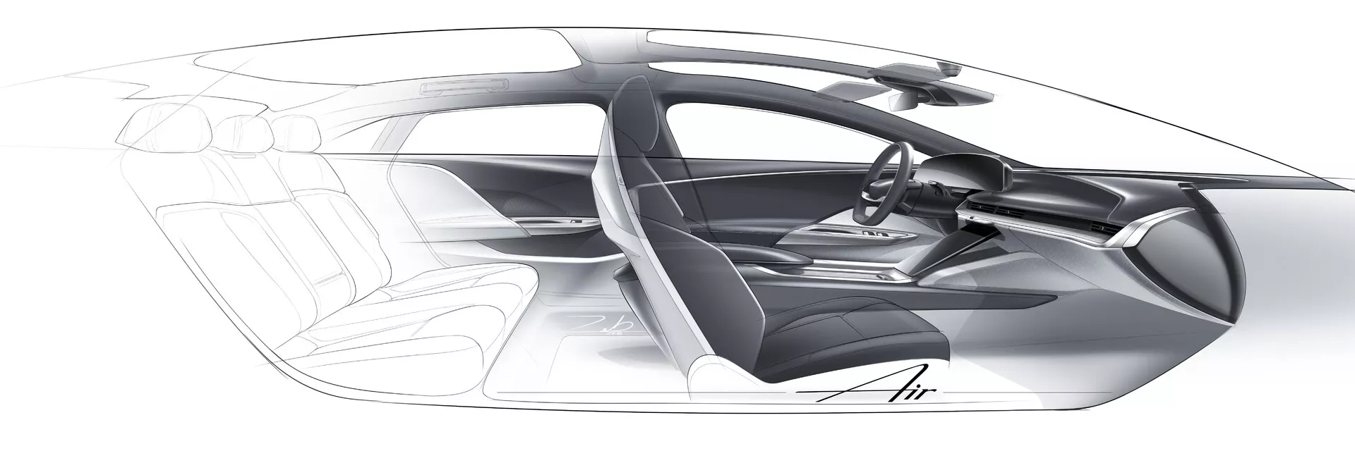 Konceptualni prosojni stranski profil vozila Lucid Air 2022 prve generacije, ki prikazuje notranjo strukturo in postavitev s konfiguracijo štirih sedežev, prostorno kabino, minimalističnim volanom in armaturno ploščo, odsotnostjo tradicionalnega B-stebrička, verjetno električni pogon, lahko trdno strukturo in aerodinamično učinkovitost.