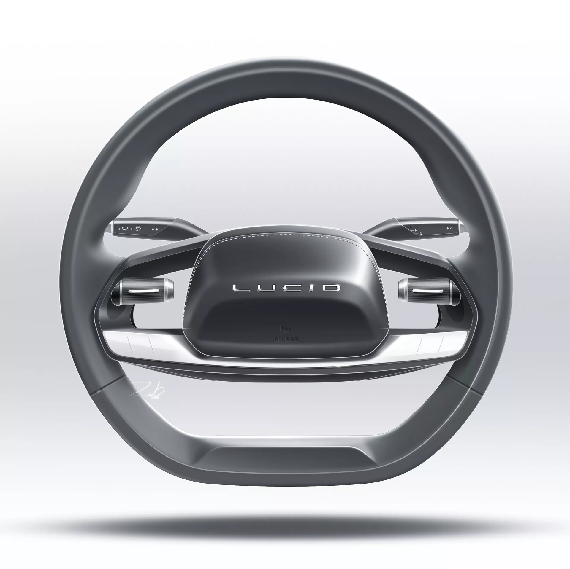 Bližnji posnetek modernega, luksuznega volana Lucid Air 2022, z minimalističnim dvokrakim dizajnom, ergonomskimi konturami za izboljšan oprijem, interaktivnimi zasloni na dotik in gumbi za funkcije v avtomobilu. Slika je osredotočena na volan, poudarjajoč vrhunsko estetiko s kovinskim zaključkom in oznako 'LUCID', na zamegljenem sivo-belem ozadju.
