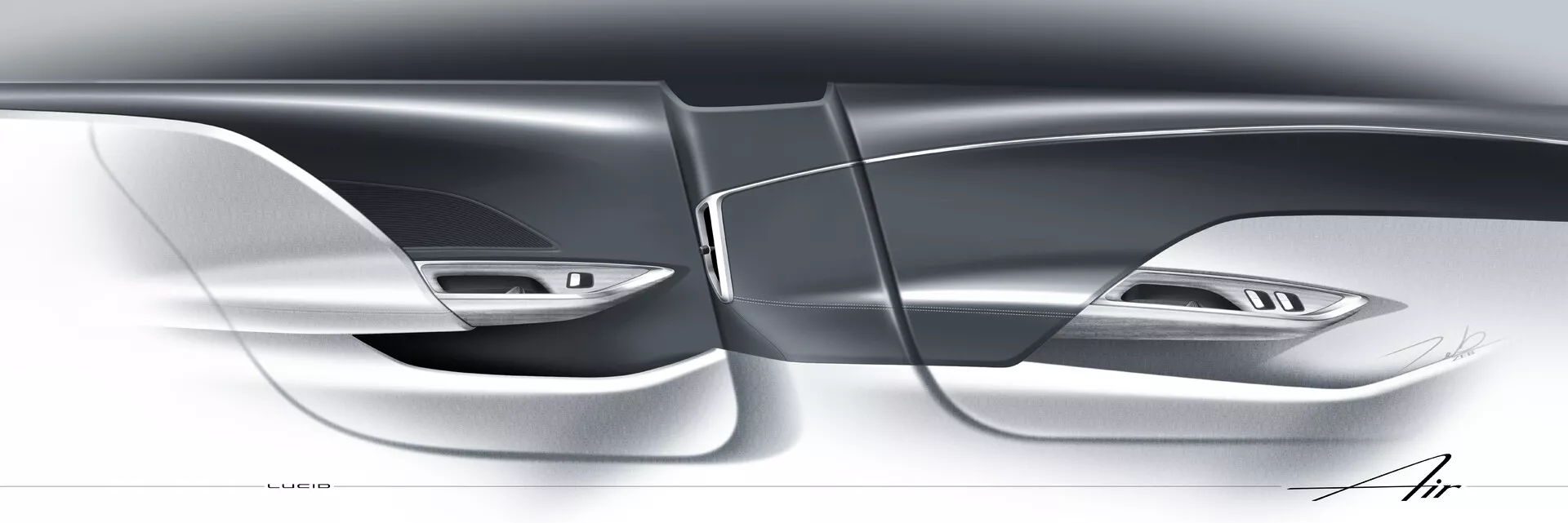 Stilizirana digitalna upodobitev Lucid Air 2022 (1. generacija), ki prikazuje bližnji pogled na bočni profil, osredotočen na elegantne in aerodinamične linije in konture. Slikarija poudarja sodoben dizajn vozila, z vrezanimi ročaji vratov in subtilnimi razmaki med paneli, kar nakazuje luksuz in napredno zunanjo tehnologijo. Pomanjkanje tradicionalnih stranskih ogledal nakazuje uporabo naprednih sistemov zadnjih kamer. Ta umetniška ilustracija poudarja inovativen avtomobilski dizajn in visokokakovostne materiale.