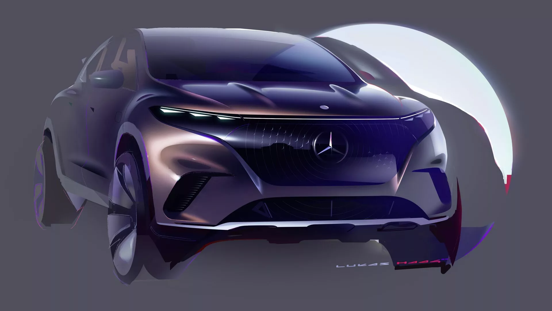 Spredaj tristranski pogled na Mercedes EQS SUV 2022, ki prikazuje njegovo izrazito mrežo z napredno tridimenzionalno zasnovo, agresivno zasnovo odbijača z izpostavljenimi zračnimi odprtinami, LED žaromete, skulpturirano pokrov motorja z aerodinamičnimi konturami in dinamično zamegljenost sprednjega kolesa proti gradientni ozadju.