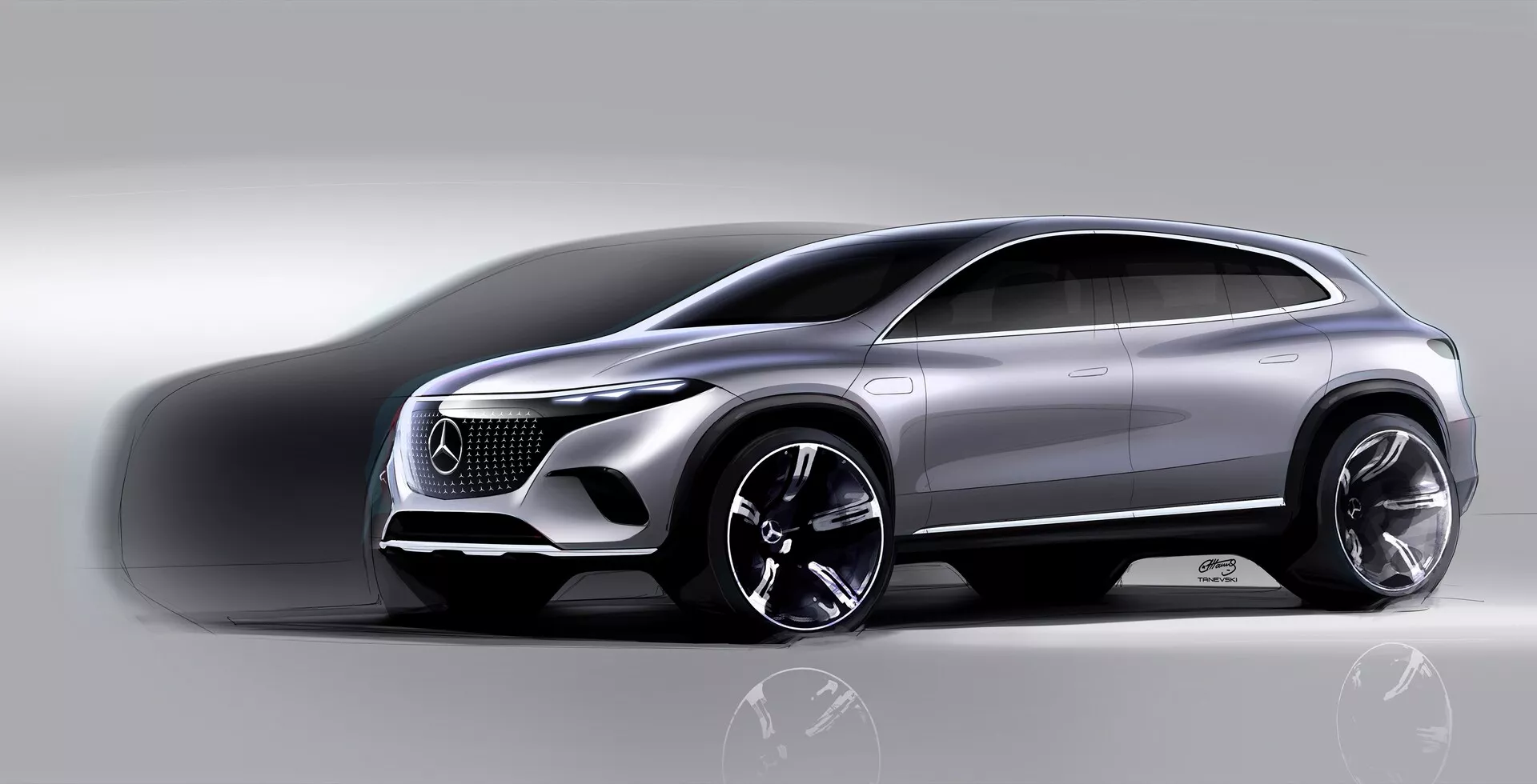 Mercedes EQS-SUV 2022 prikazan v studiu iz trehčetrtinske sprednje perspektive. Poudarki vključujejo veliko, izrazito mrežo, elegantne LED žaromete, senzorje, ki kažejo na avtonomne funkcije, aerodinamičen profil z nagnjeno strešno linijo, kovinski premaz barve in velika platišča iz zlitine. Slika želi pokazati razkošje, moderen dizajn in potencial zmogljivosti vozila.
