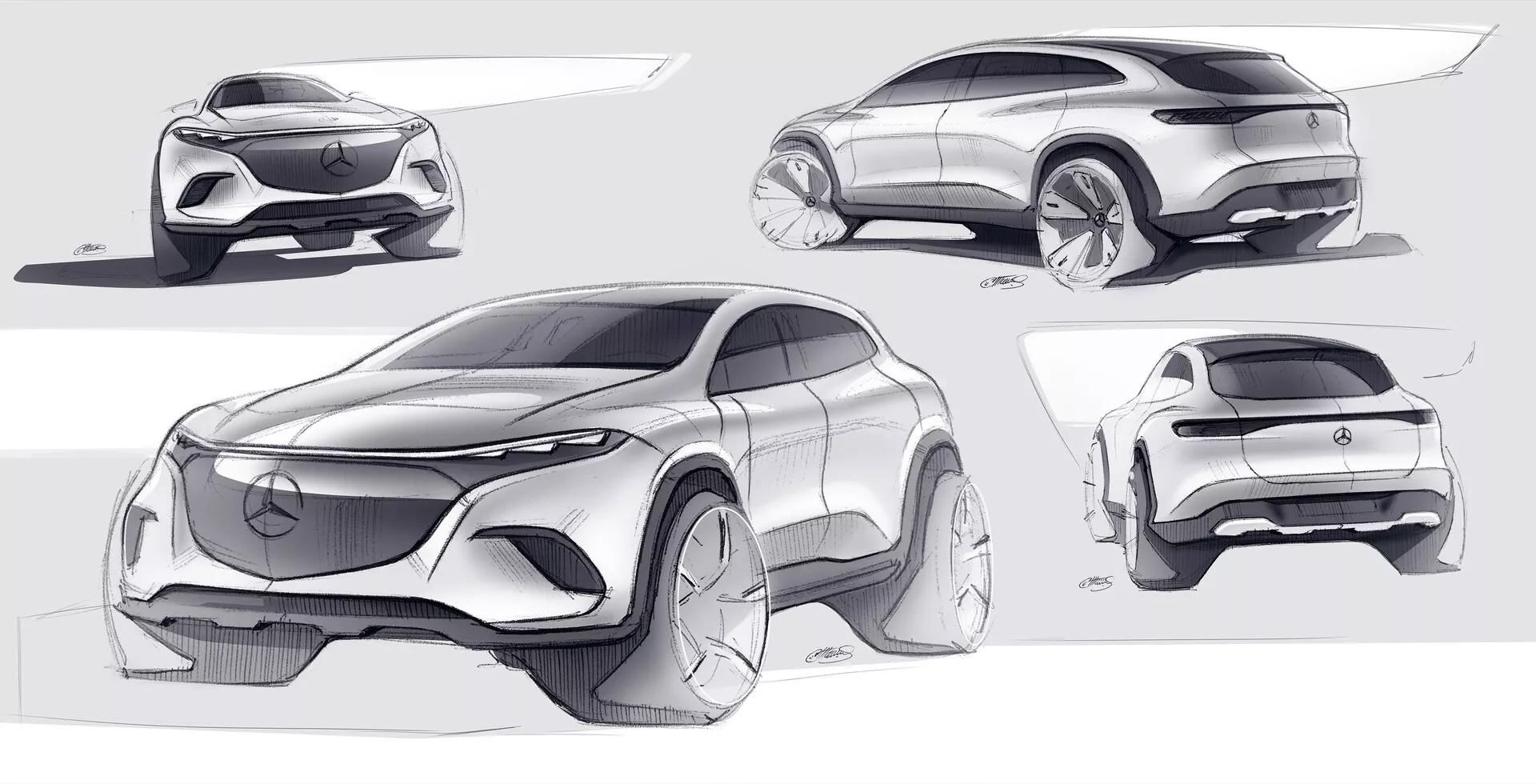 Konceptni skici Mercedes EQS-SUV 2022 prikazujejo sodoben, futurističen avtomobil iz različnih kotov. Zgornji levi kot prikazuje dinamičen sprednji trikotni kot, ki poudarja sprednjo rešetko z velikim emblemom Mercedes-Benz, ozke žaromete in aerodinamična kolesa. Zgornji desni kot prikazuje stranski pogled s gladko strešno linijo, vgrajenimi ročaji vrat in izrazitimi loki koles. Spodnji levi kot ponuja pogled s sprednje strani, ki prikazuje emblem in ozke žaromete z velikimi vstopi za zrak v odbijaču. Spodnji desni kot prikazuje zadnji trikotni kot z elegantnimi zadnjimi lučmi, ki segajo čez celotno širino vozila, značilen zadnji odbijač in hitro padajočo silhueto. Poudarek na aerodinamiki in oblikovanju električnih vozil.