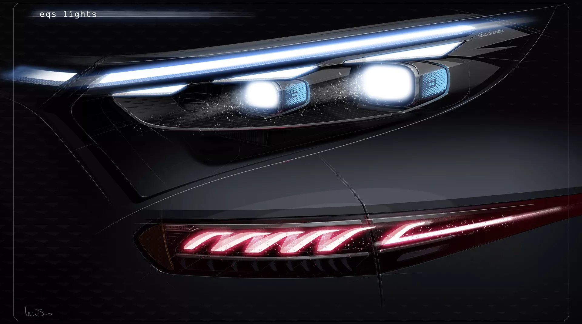 Podroben, detajlu osredotočen posnetek žarometov in zadnjih luči 2022 Mercedes EQS-SUV, s napredno LED ali lasersko tehnologijo z značilnimi ostrimi obrisi. Žaromet vključuje elegantne LED dnevne luči, nemoteno vključene v karoserijo, kar poudarja premium dizajn. Zadnja luč, prikazana iz zadnjega kota, predstavlja osvetljene rdeče segmente z izrazito horizontalno usmeritvijo, ovito okrog zadnjega dela vozila za boljšo vidljivost. Slika je verjetno digitalno izboljšana za promocijske materiale.