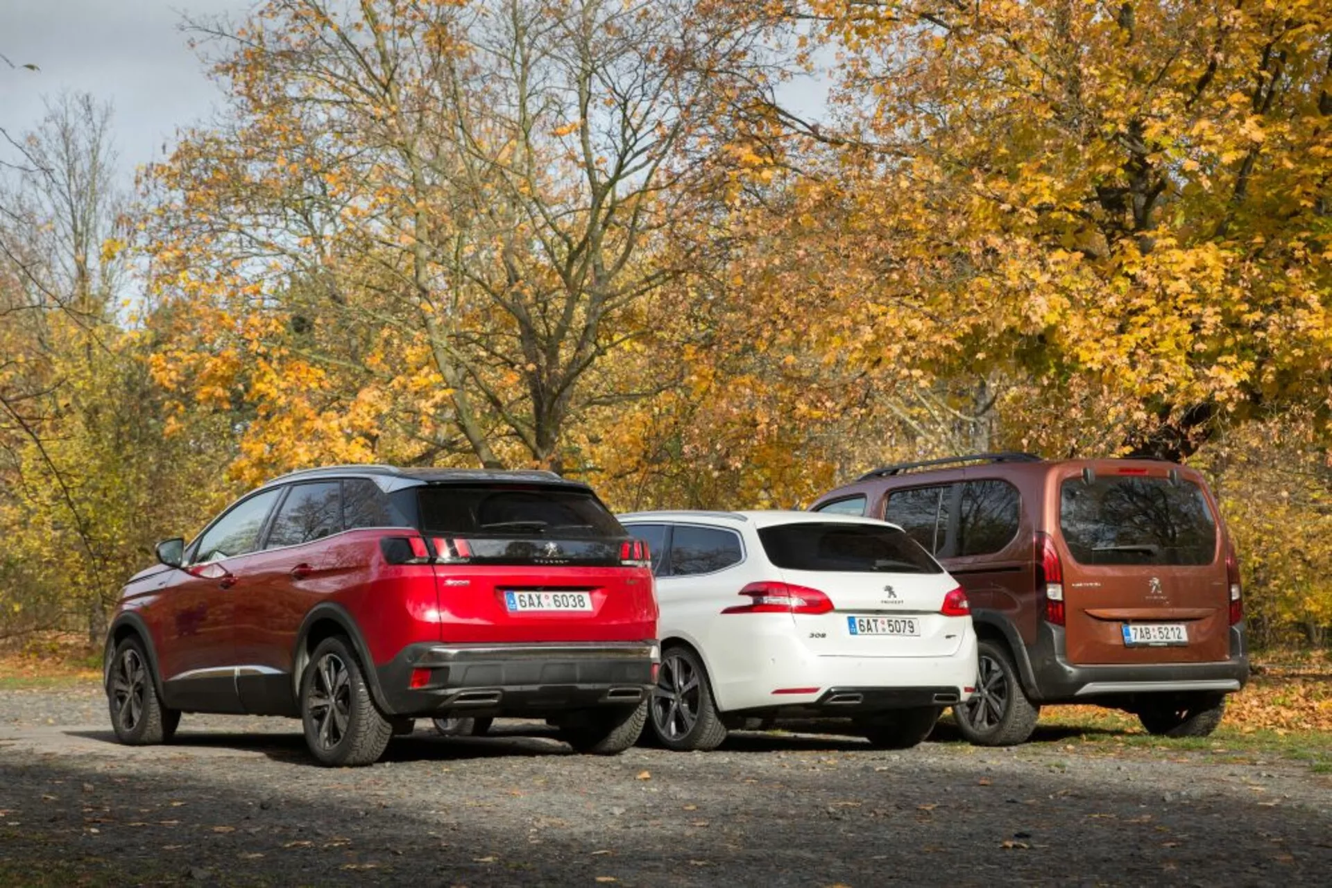 Pogled od zadaj na tri parkirane avtomobile na prodnati površini z jesensko temo, vključno s športnim rdečim SUV-jem, elegantnim belim hatchbackom in kompaktnim rjavim MPV-jem, vse opremljeno z modernimi značilnostmi, kot so zlitina koles in senzorji za parkiranje zadaj, v naravni dnevni svetlobi.