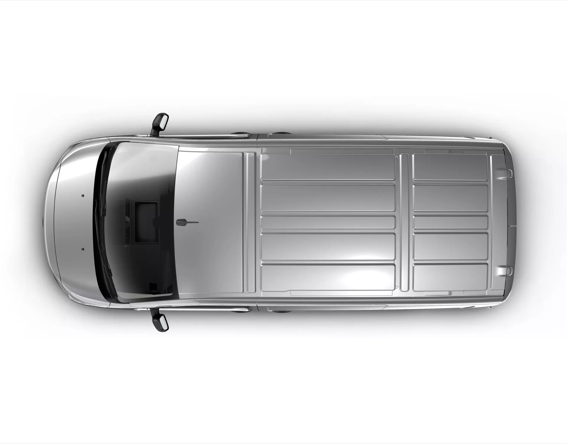 Pogled iz ptičje perspektive na Peugeot Expert Facelift 2024, izpostavljajoč strešno okno, strešne nosilce, štirivratno zasnovo in značilne lastnosti strehe