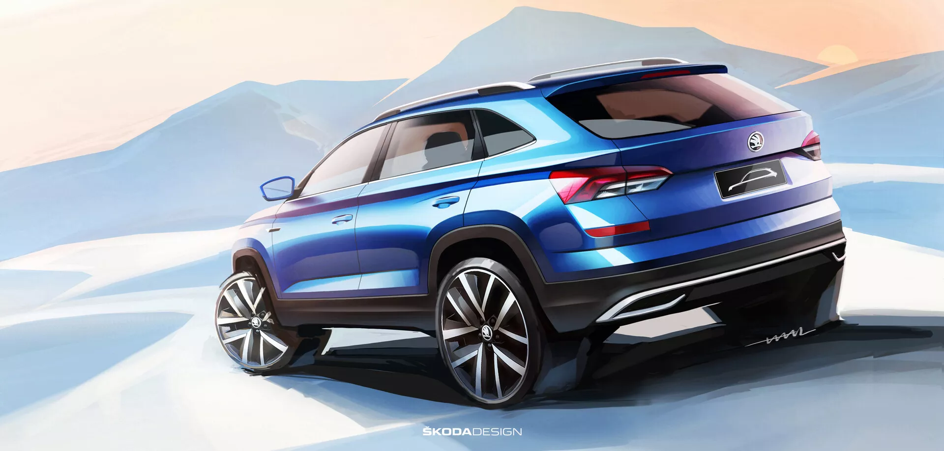 Konceptno upodabljanje Škode Kamiq 2019, ki prikazuje sodobni crossover SUV v živahni modri barvi, z dinamičnim pogledom iz zadnjega dela s tri četrtinske strani, ki izpostavlja elegantne LED zadnje luči, velika lita kolesa in športne oblikovne elemente proti abstraktnemu gorskemu ozadju