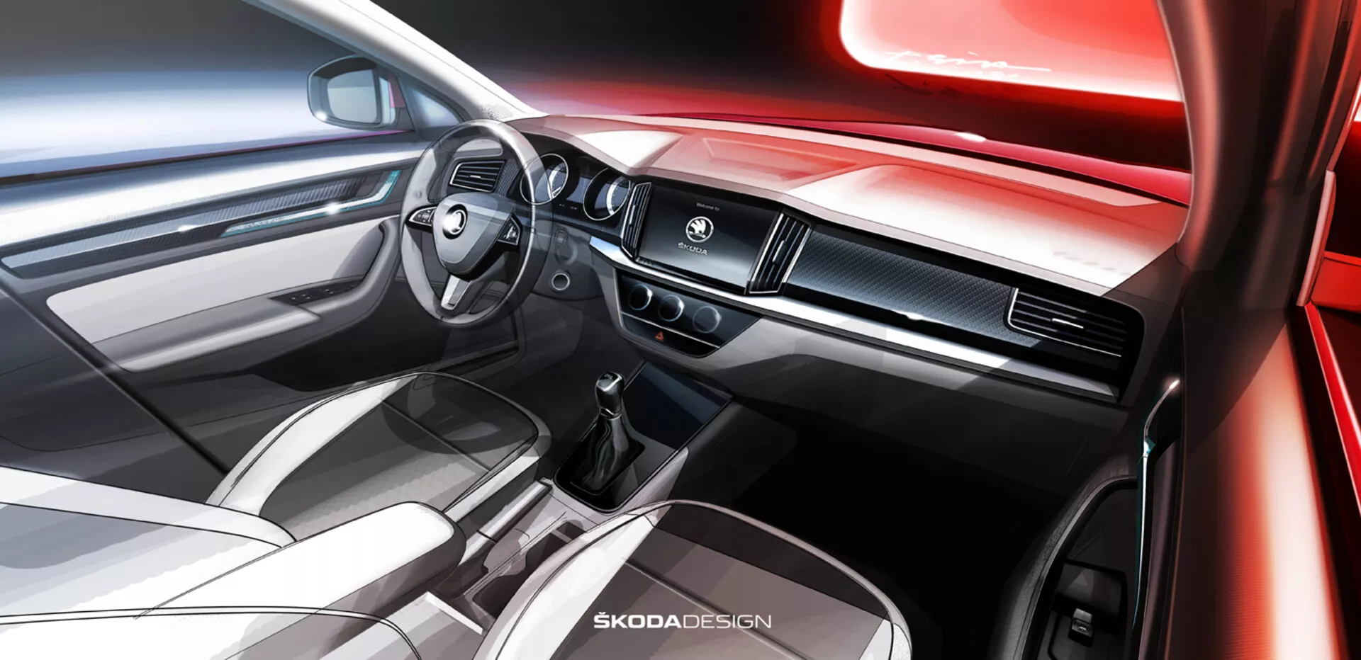 Notranji pogled na Škoda Kamiq 2019, osredotočen na armaturno ploščo in prostor prednje kabine iz perspektive sopotnika, z modernim volanom z integriranimi kontrolnimi gumbi, armaturno ploščo s kovinskim okrasnim trakom in zračniki, osrednjim zaslonom na dotik za infotainment in namigi elegantnega avtomatskega menjalnika in sredinske konzole