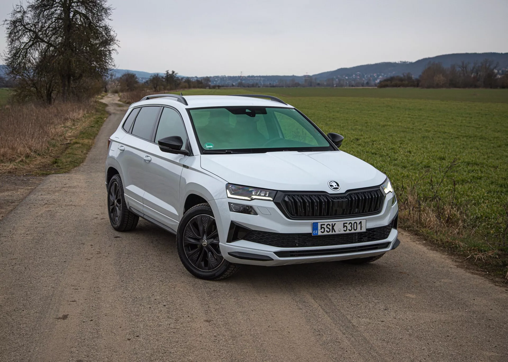 SUV Škoda Karoq 2021, parkiran na podeželski cesti z ozadjem polja in oddaljenih hribov, prikazuje svojo sprednjo rešetko, elegantne žaromete, večkraka lita kolesa in dinamični stranski profil pod razpršeno naravno svetlobo
