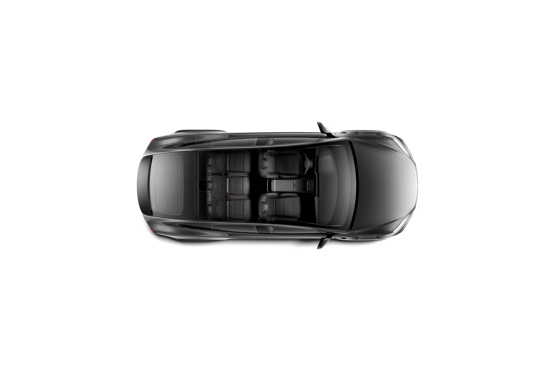 Pogled odozgo na limuzino, ki prikazuje streho in podolgovato obliko karoserije. Ta Tesla Model-X 2021 prve generacije z dvigovanjem obraza ima strešno okno in štiri vrata, gledano neposredno od zgoraj. Slika poudarja sodobno aerodinamično zasnovo vozila, ogledala ob straneh blizu sprednjih oken in morebitne antene ali senzorje za GPS, satelitski radio ali druge komunikacije. Avtomobil je centriran v okvirju, obrnjen navzdol.