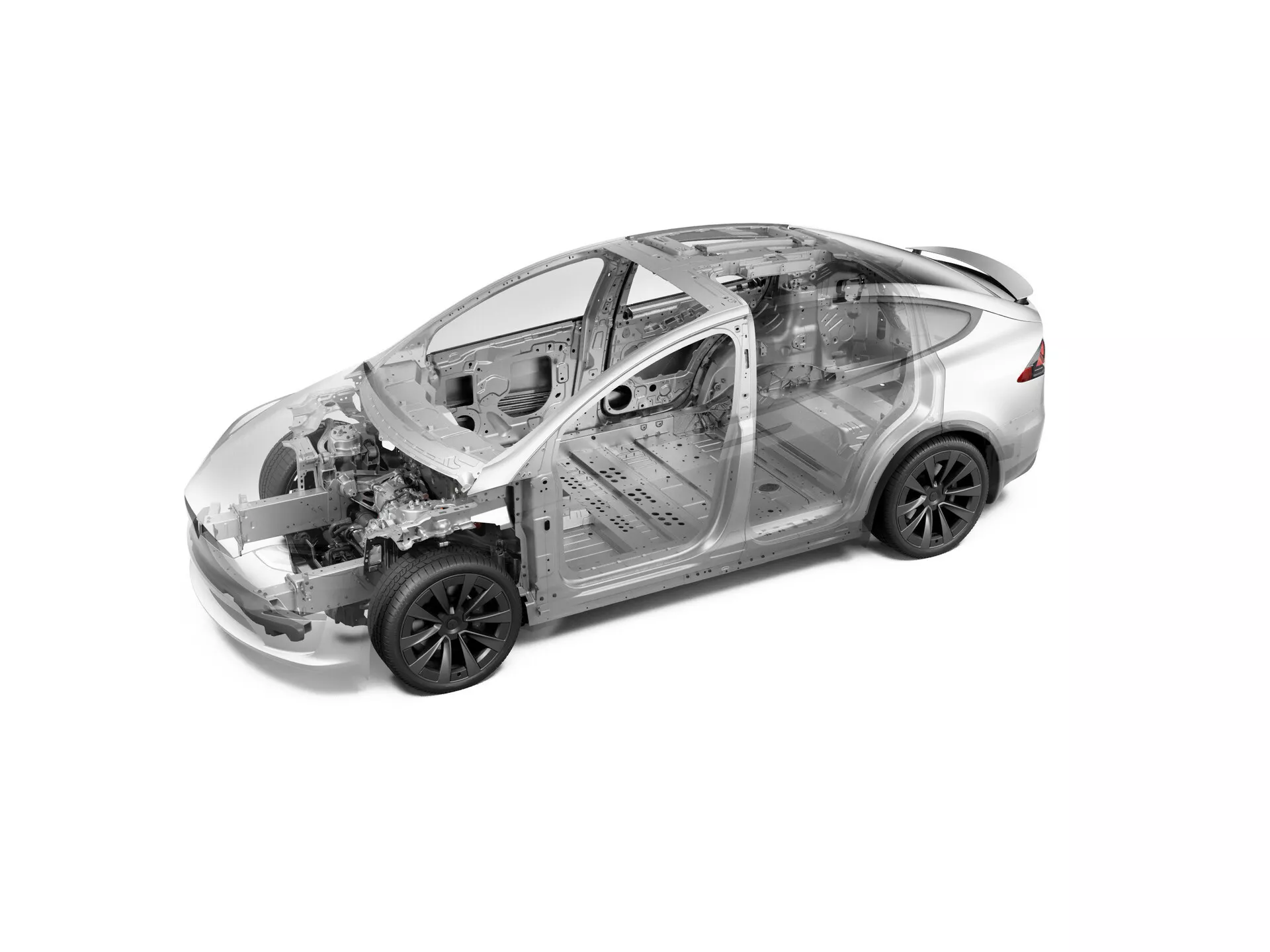Nagnjena zgornja slika Tesla Model-X 2021 prve generacije facelift, ki prikazuje rentgenski pogled na avto z osredotočanjem na notranje strukturne in mehanske komponente. Nagibna perspektiva razkriva voznikovo stran in vrh vozila, s prednjim delom obrnjeno proti desnemu zgornjemu kotu in zadnjim delom proti spodnjemu levemu kotu. Vidne so podrobnosti, kot so razporeditev sprednjega motorja, dovršen sistem vzmetenja in konfiguracija sedežev v dveh vrstah. Monokromatična predstavitev z visokim kontrastom poudarja tehnološke in inženirske vidike avtomobila, poudarjajoč pogonski sistem, ojačitve šasije in druge notranje elemente.
