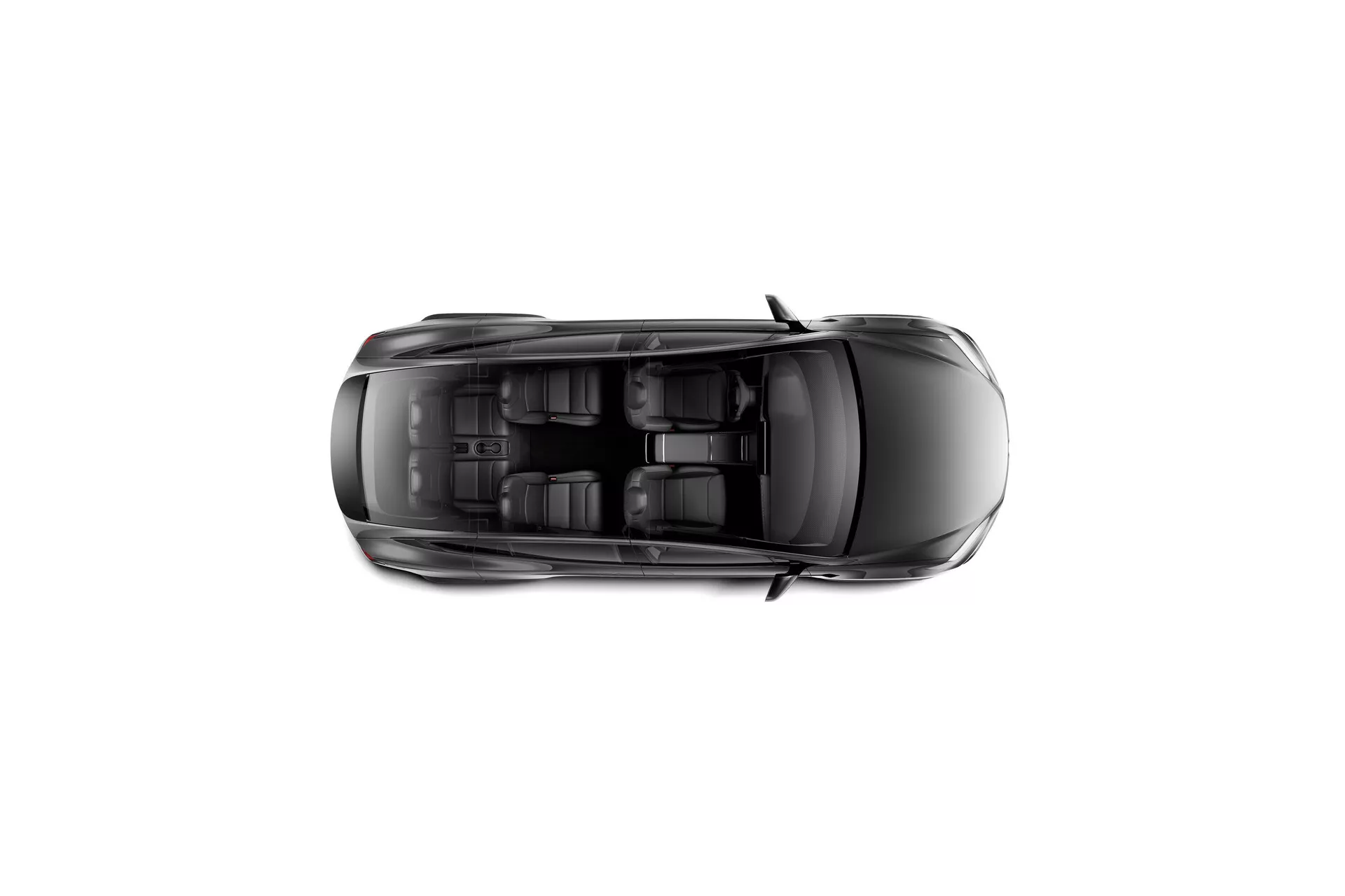 Pogled od zgoraj na Tesla Model X 2021 (facelift 1. generacije) v vodoravni orientaciji, ki prikazuje celotno streho s strešnim oknom in anteno v obliki plavuti morskega psa. Jasni obrisi oken, okvirjev vrat in simetričnih oblikovalskih elementov na strehi poudarjajo aerodinamično, sodobno zasnovo vozila. Kompakten in skladen videz temnega štirivratnega avtomobila nakazuje, da gre morda za limuzino ali hatchback.