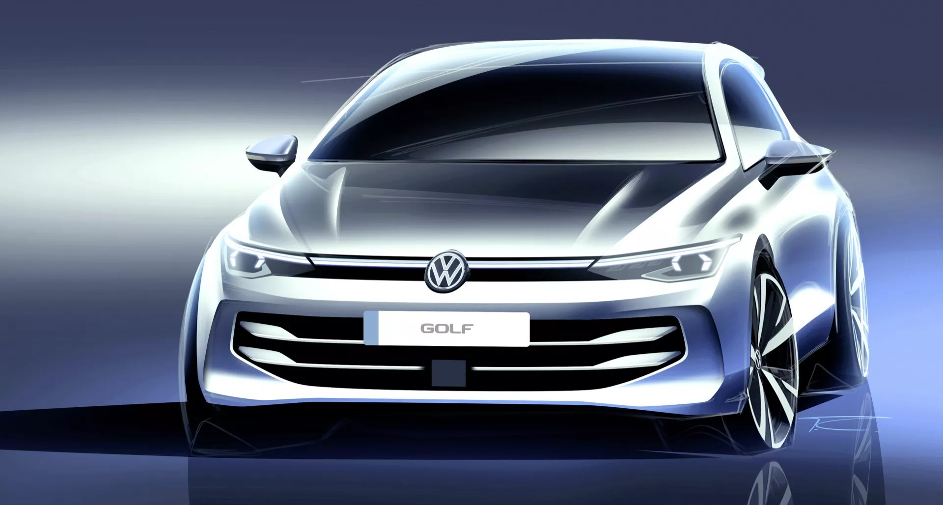 Računalniško generirana konceptualna slika Volkswagen Golfa 2024 (VIII-Facelift) z dinamičnim sprednjim pogledom, ki prikazuje tanko rešetko, enoten svetlobni trak, ozke žaromete s špičastimi koti in velike zračnike